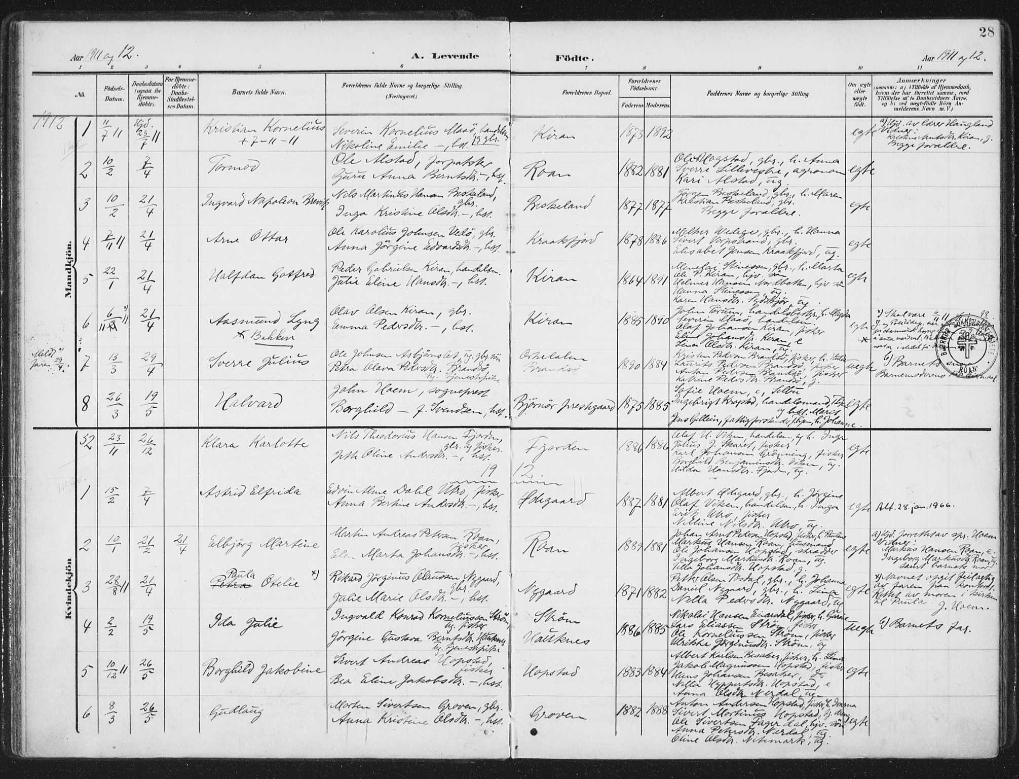 Ministerialprotokoller, klokkerbøker og fødselsregistre - Sør-Trøndelag, AV/SAT-A-1456/657/L0709: Ministerialbok nr. 657A10, 1905-1919, s. 28