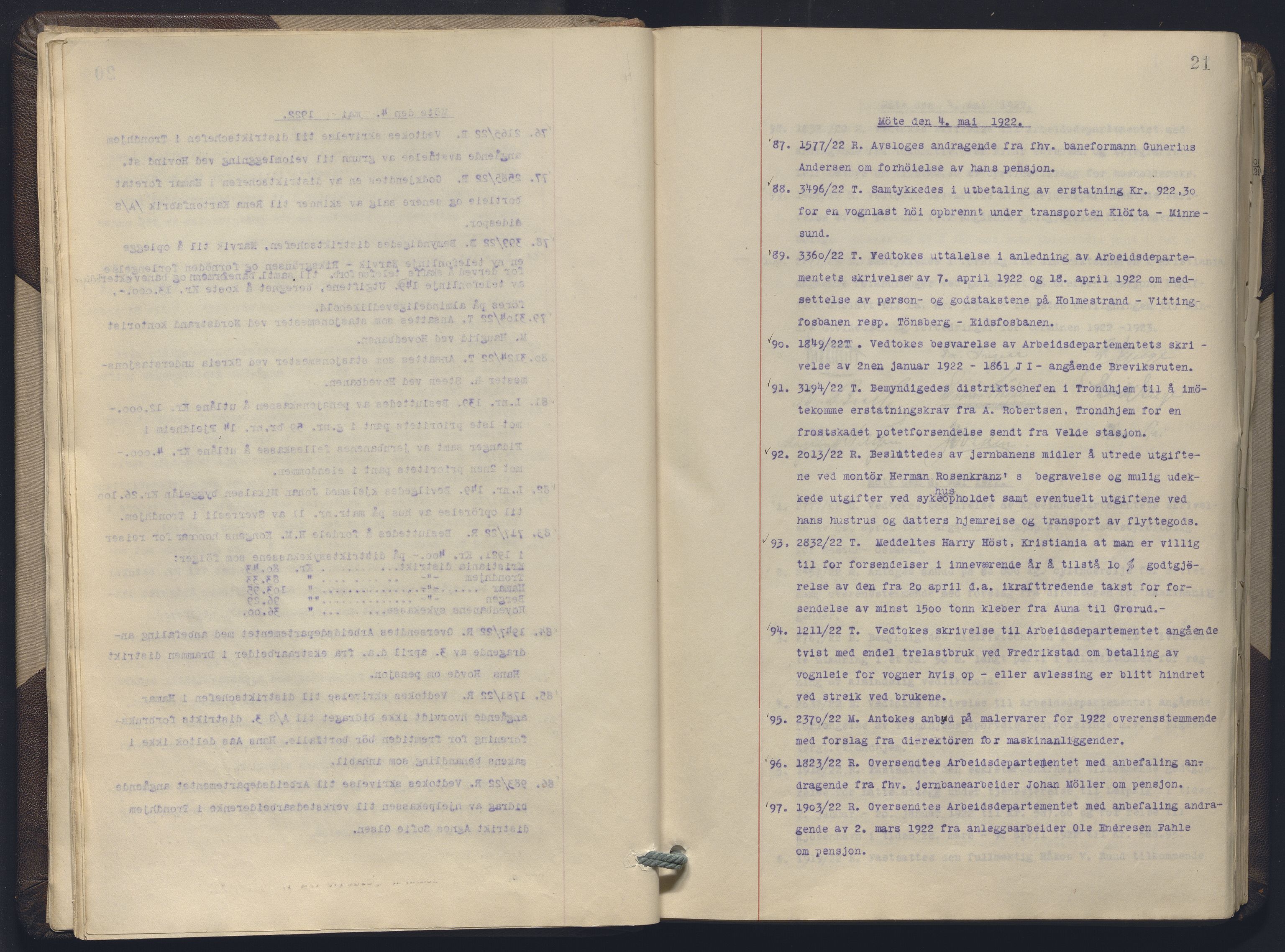 Norges statsbaner, Administrasjons- økonomi- og personalavdelingen, AV/RA-S-3412/A/Aa/L0019: Forhandlingsprotokoll, 1922-1924, s. 21