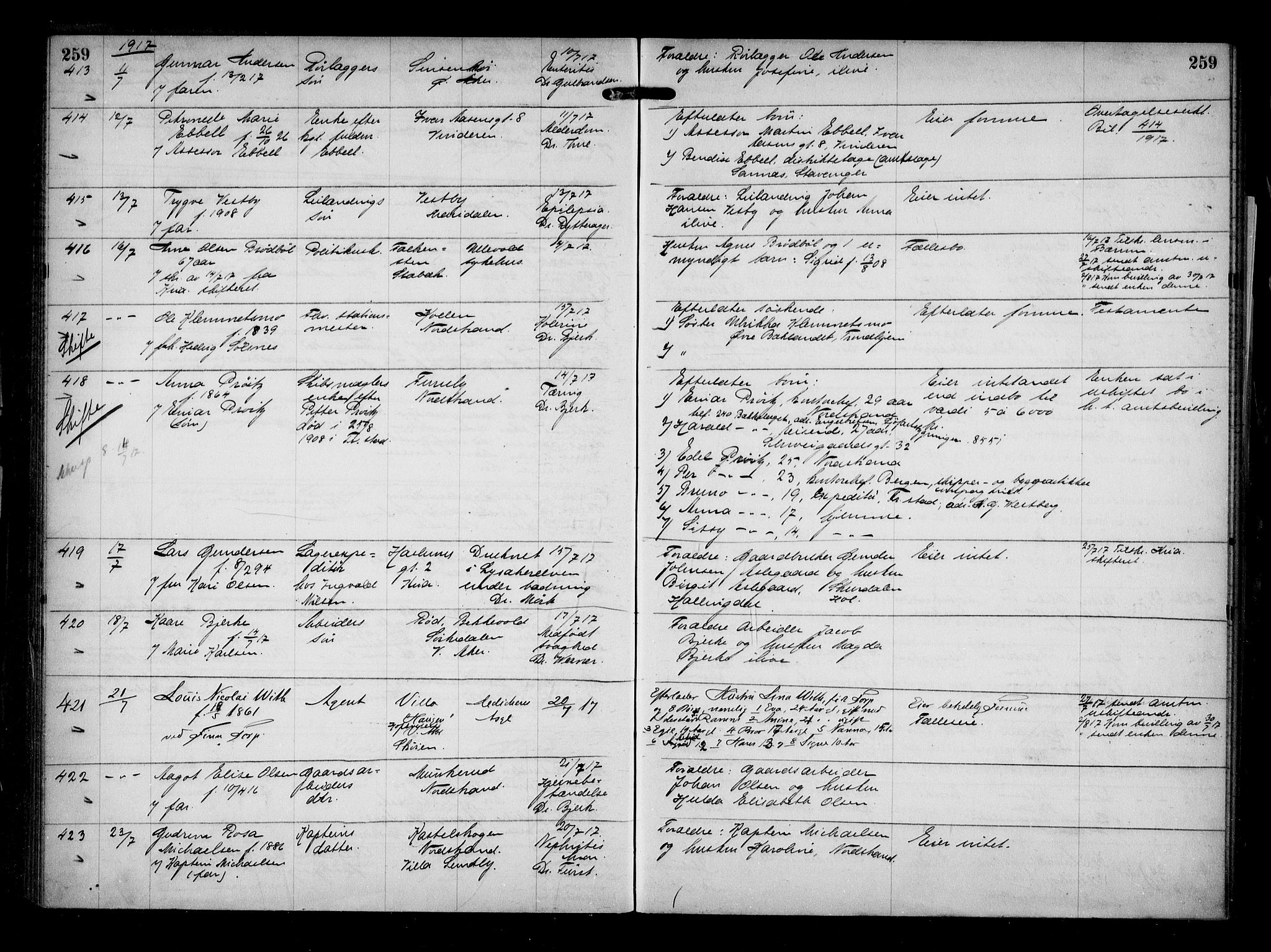 Aker kriminaldommer, skifte- og auksjonsforvalterembete, SAO/A-10452/H/Hb/Hba/Hbaa/L0004: Dødsfallsprotokoll, 1914-1918, s. 259