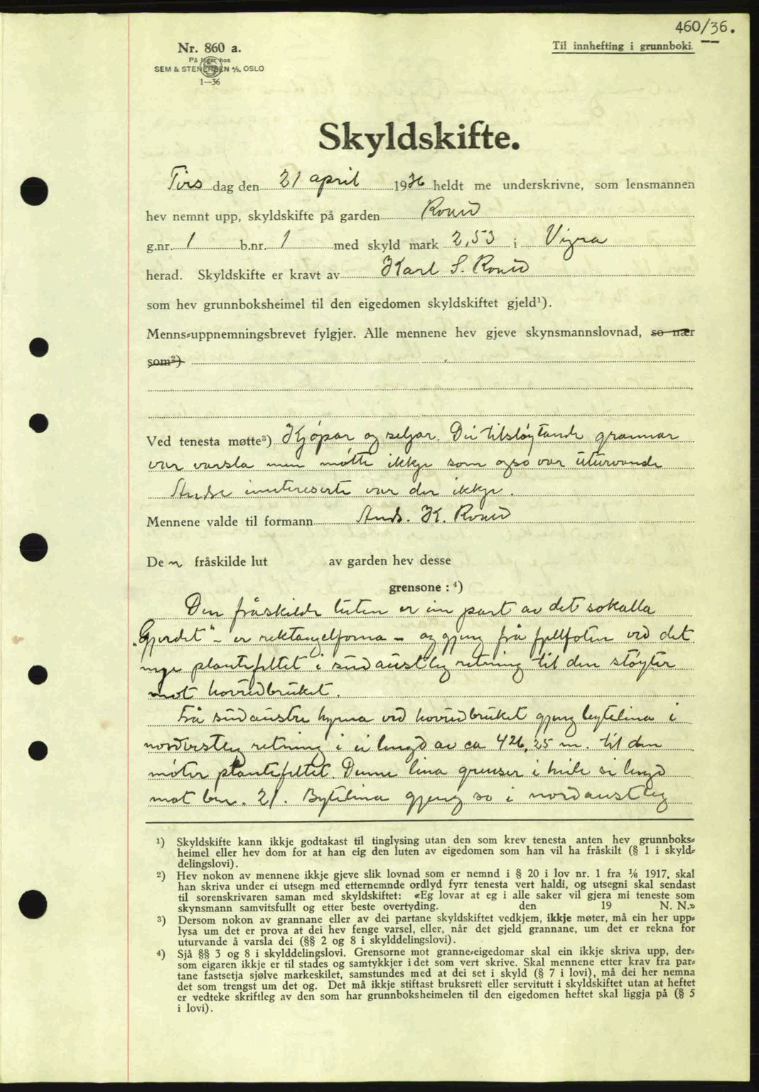 Nordre Sunnmøre sorenskriveri, AV/SAT-A-0006/1/2/2C/2Ca: Pantebok nr. A1, 1936-1936, Dagboknr: 460/1936