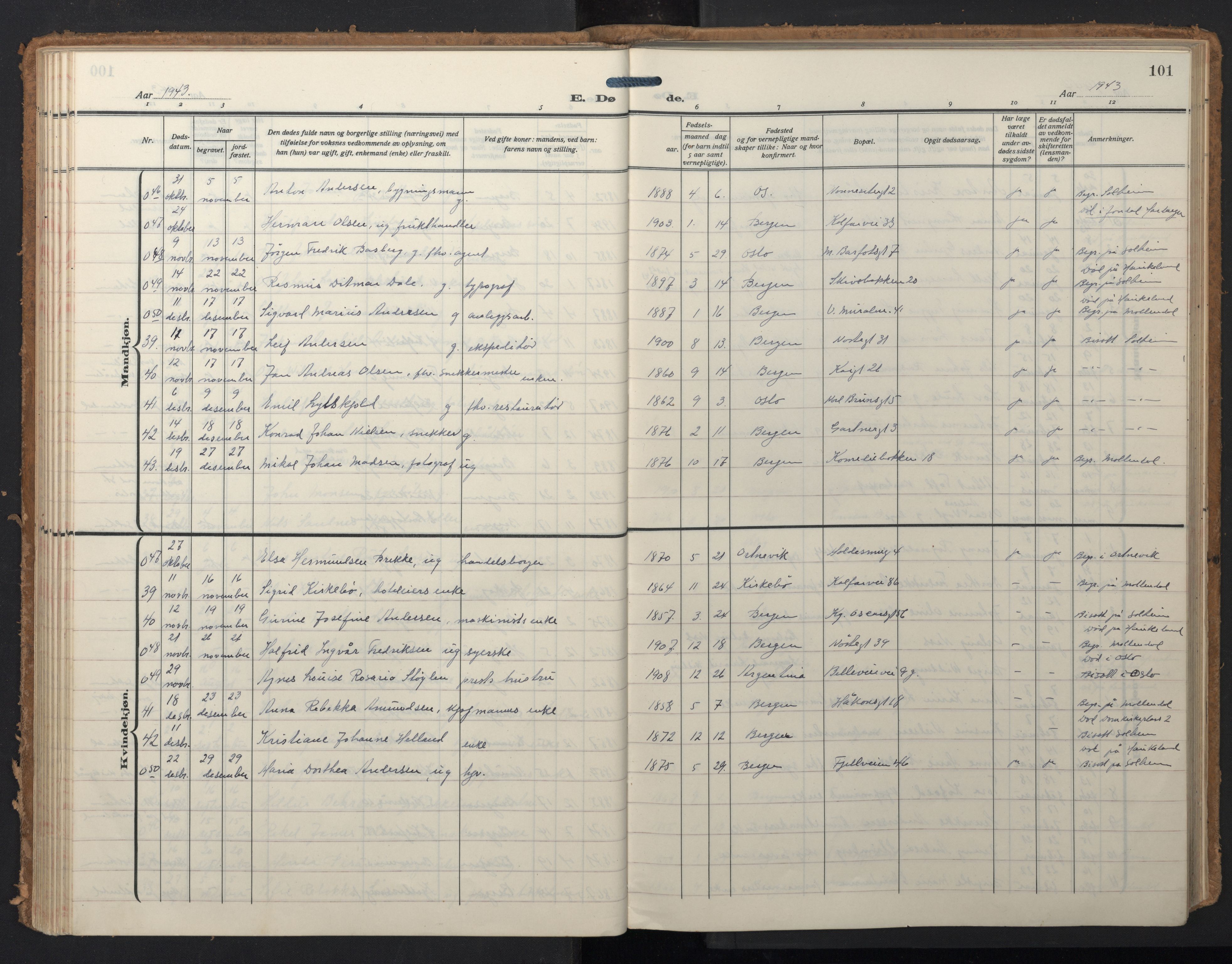 Domkirken sokneprestembete, SAB/A-74801/H/Hab/L0043: Klokkerbok nr. E 7, 1929-1965, s. 100b-101a