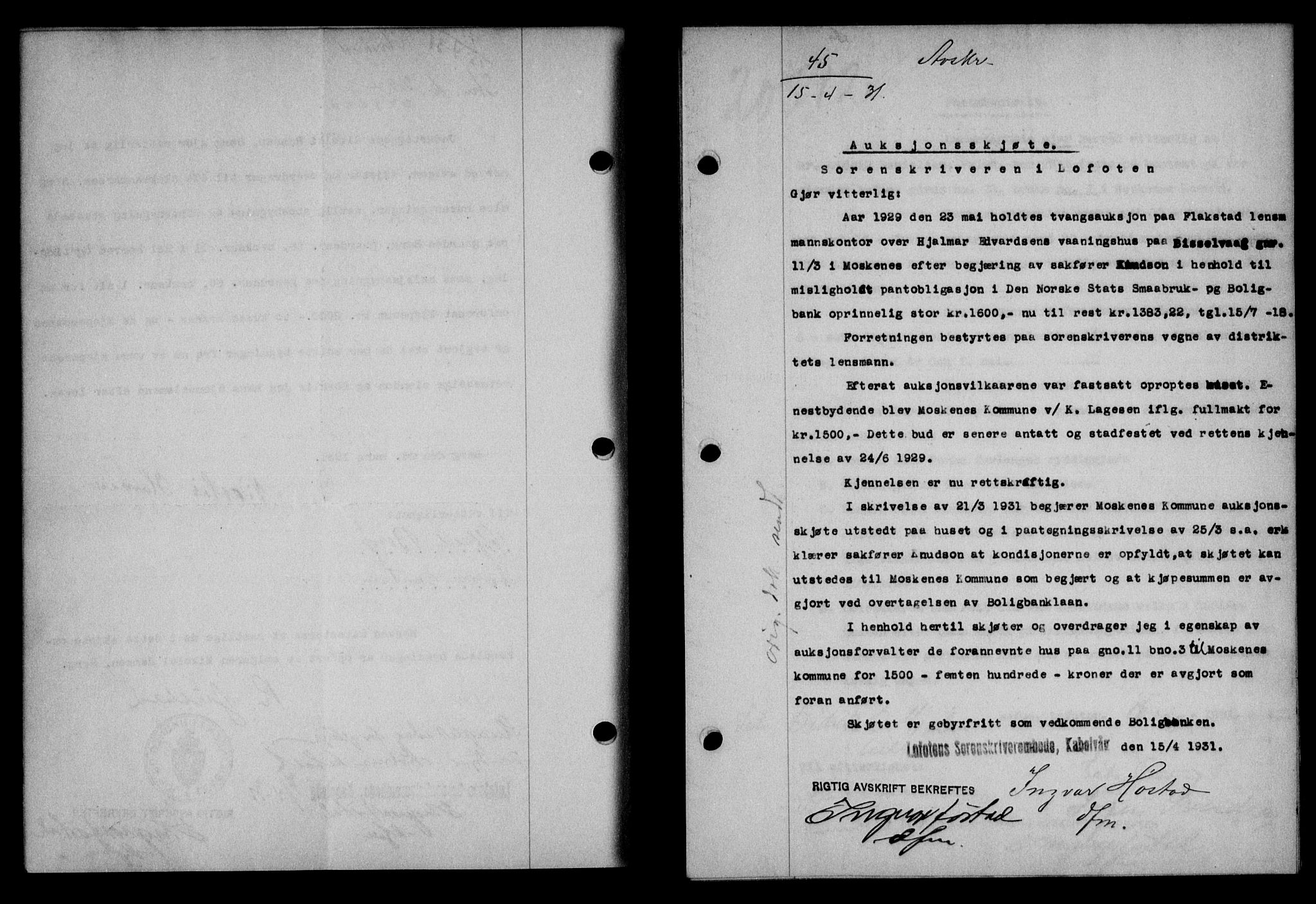 Lofoten sorenskriveri, SAT/A-0017/1/2/2C/L0023b: Pantebok nr. 23b, 1931-1931, Tingl.dato: 15.04.1931