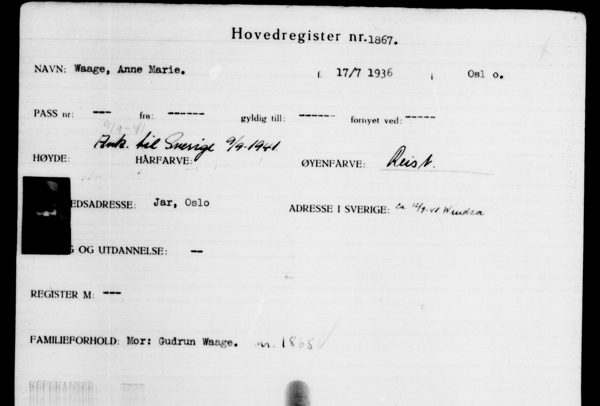 Utenriksstasjonene, Legasjonen i Stockholm, Flyktningkontoret, AV/RA-S-6753/V/Va/L0002: Kjesäterkartoteket, flyktninger med registreringsnr. 1001-2000, 1940-1945, s. 1234