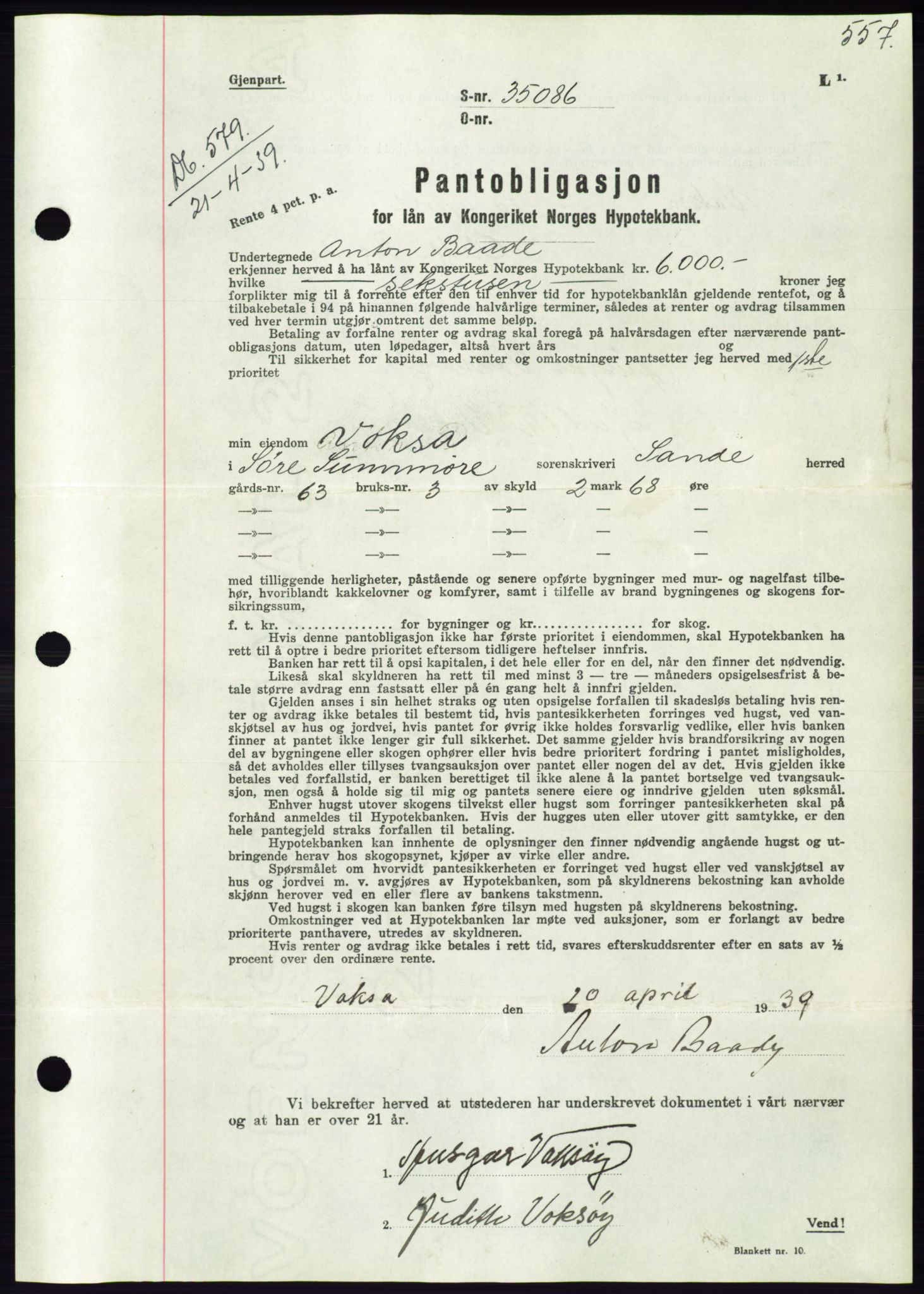 Søre Sunnmøre sorenskriveri, AV/SAT-A-4122/1/2/2C/L0067: Pantebok nr. 61, 1938-1939, Dagboknr: 579/1939