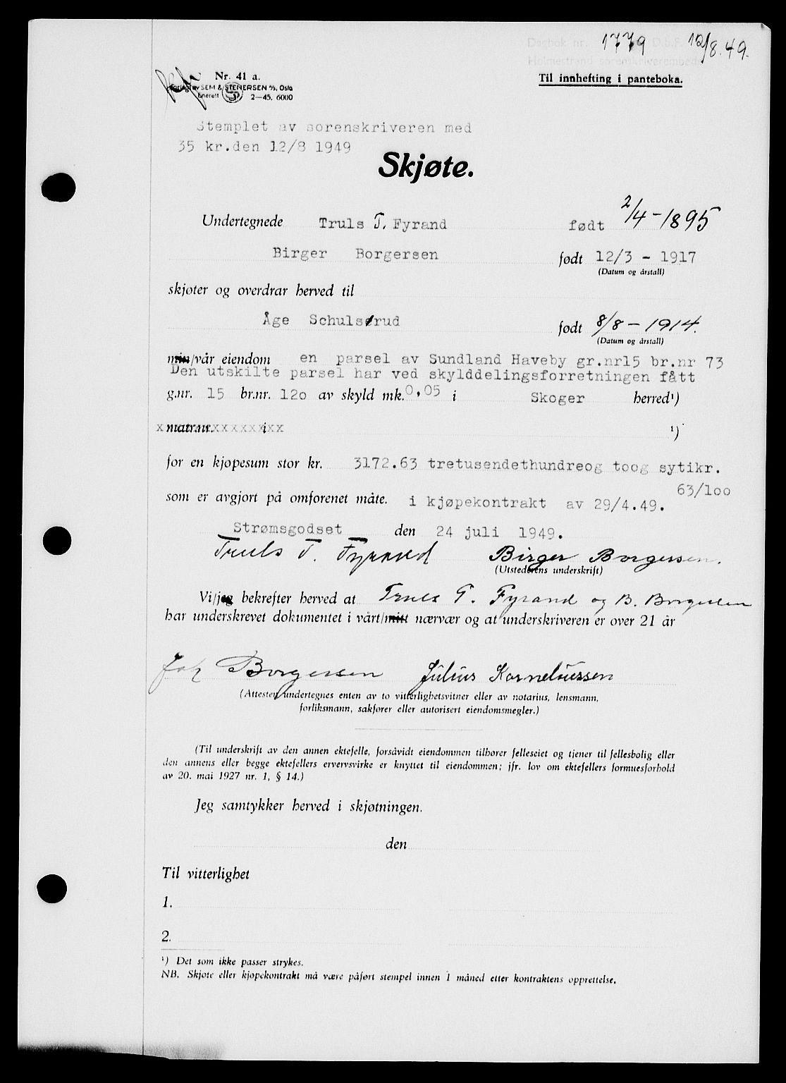 Holmestrand sorenskriveri, SAKO/A-67/G/Ga/Gaa/L0067: Pantebok nr. A-67, 1949-1949, Dagboknr: 1779/1949