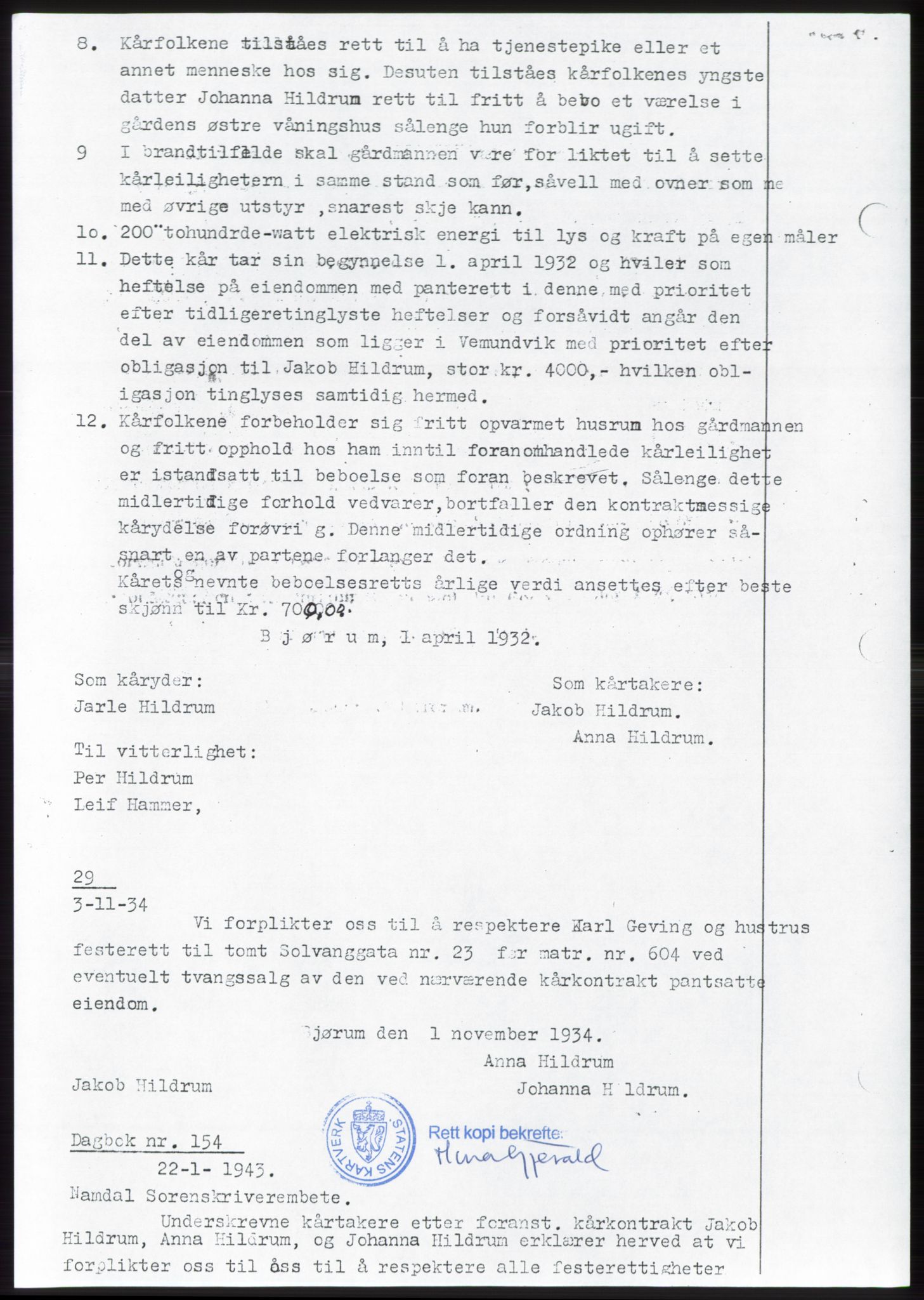 Namdal sorenskriveri, SAT/A-4133/1/2/2C: Pantebok nr. -, 1942-1943, Dagboknr: 154/1943