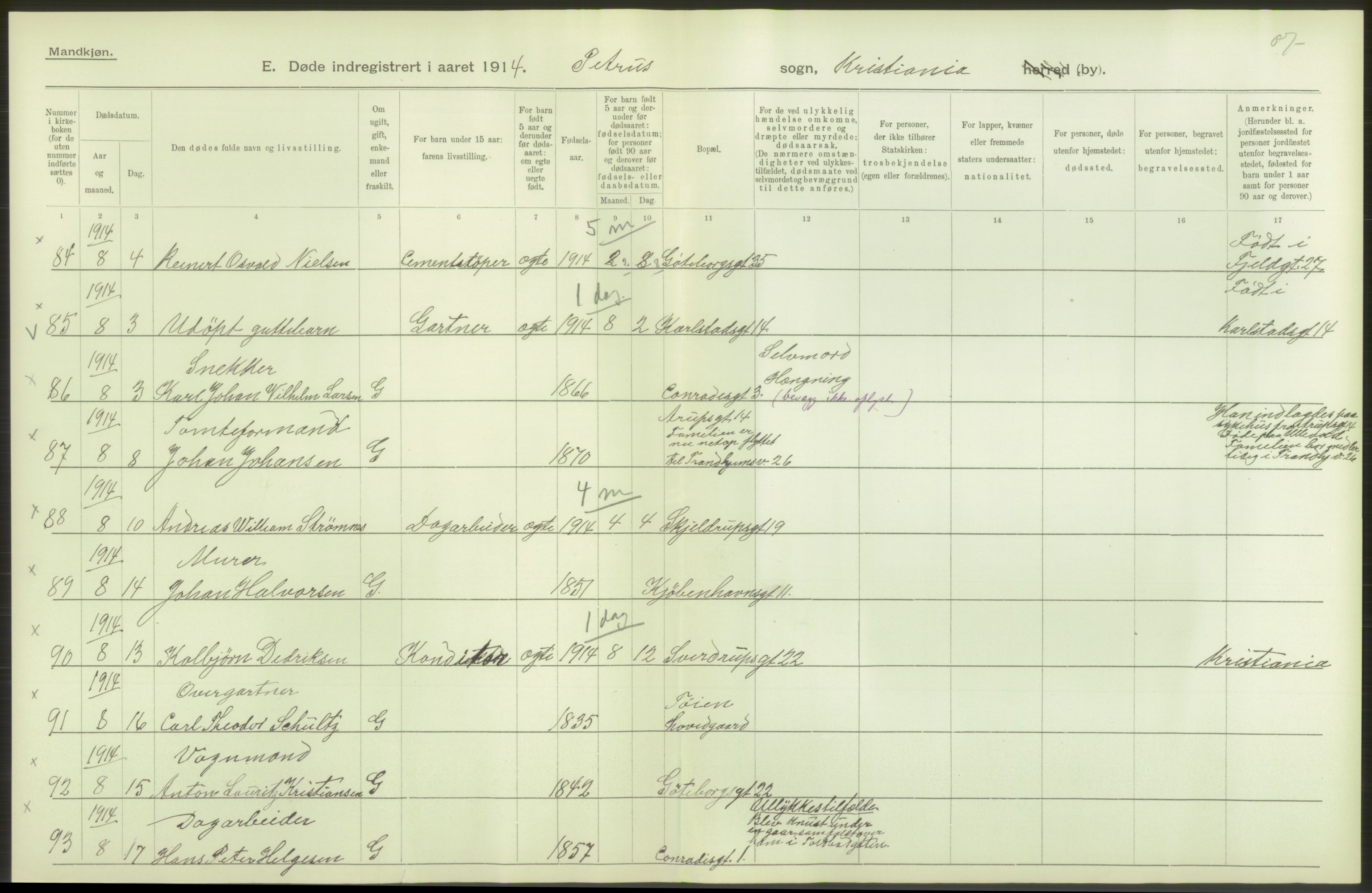 Statistisk sentralbyrå, Sosiodemografiske emner, Befolkning, AV/RA-S-2228/D/Df/Dfb/Dfbd/L0008: Kristiania: Døde, 1914, s. 330