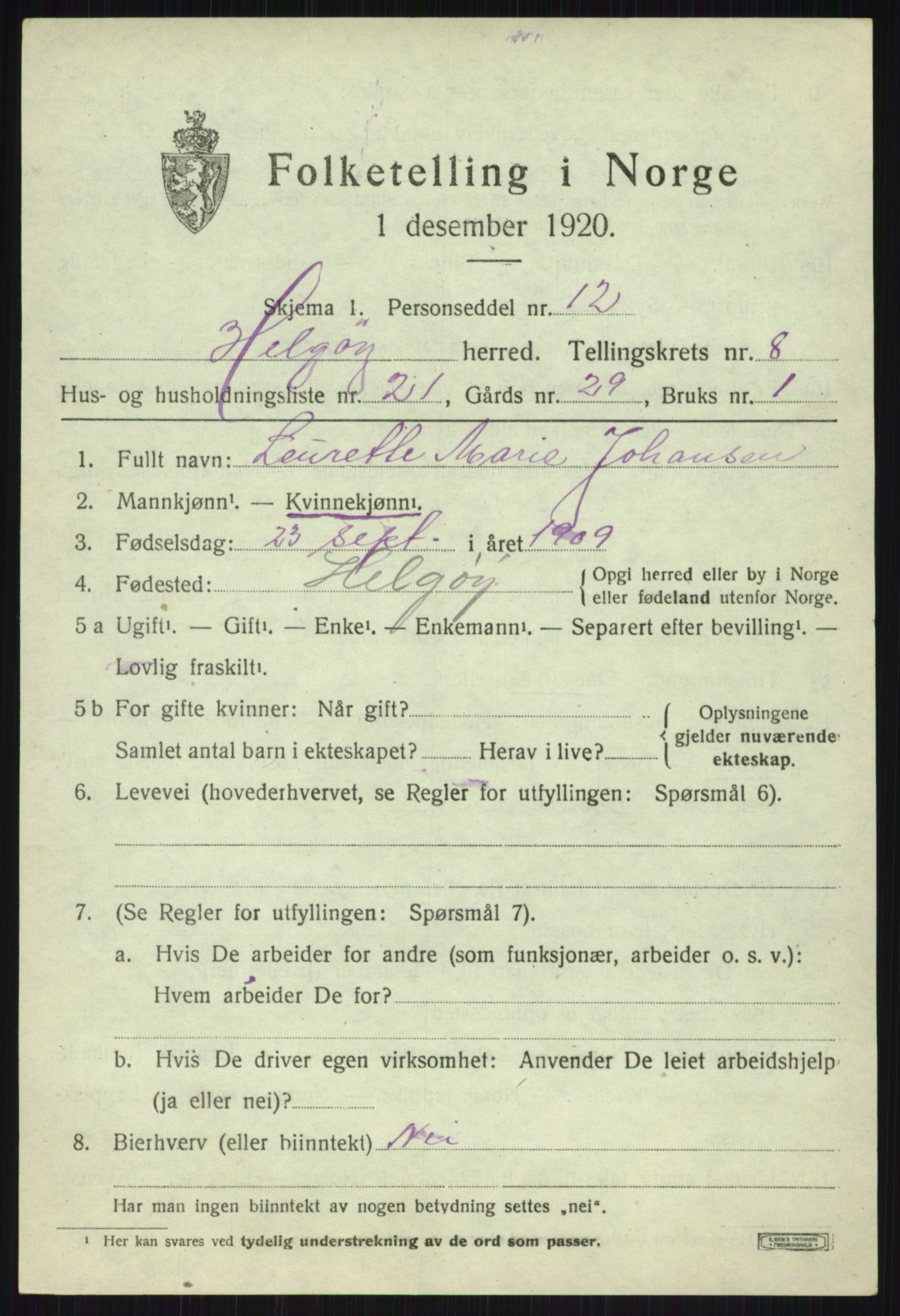 SATØ, Folketelling 1920 for 1935 Helgøy herred, 1920, s. 3160