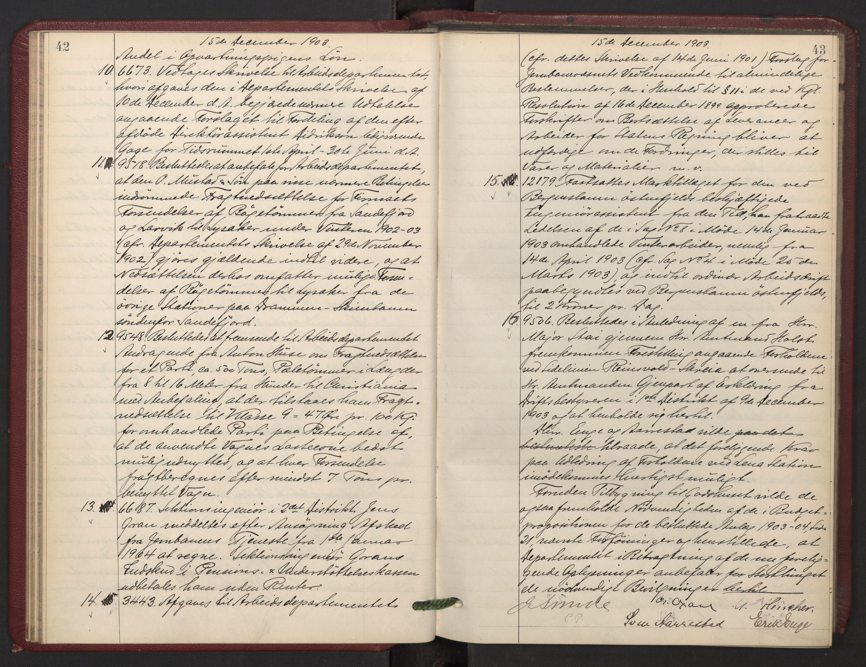 Norges statsbaner, Administrasjons- økonomi- og personalavdelingen, AV/RA-S-3412/A/Aa/L0007: Forhandlingsprotokoll, 1903-1905, s. 42-43
