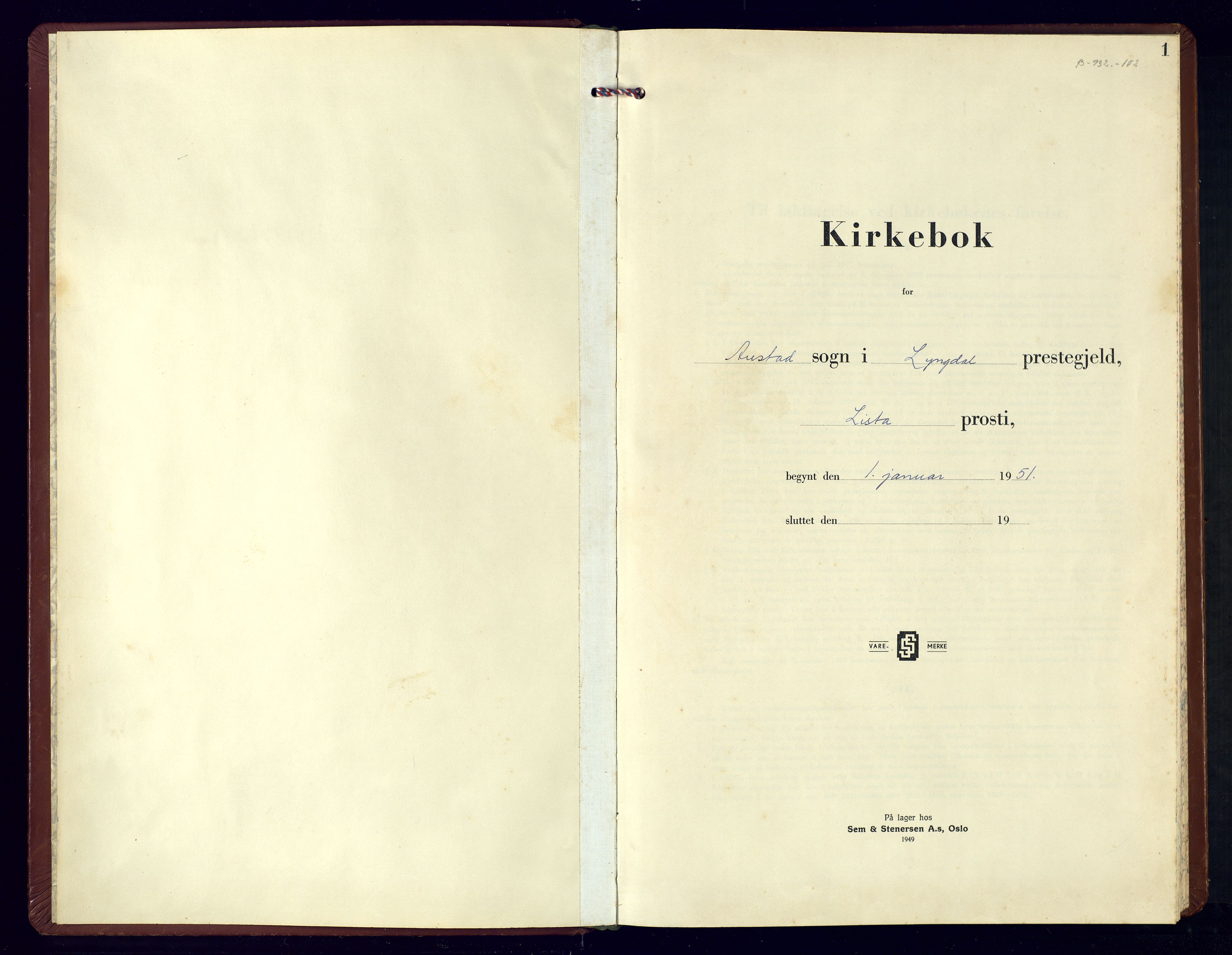 Lyngdal sokneprestkontor, SAK/1111-0029/F/Fb/Fba/L0005: Klokkerbok nr. B 5, 1951-1974, s. 1