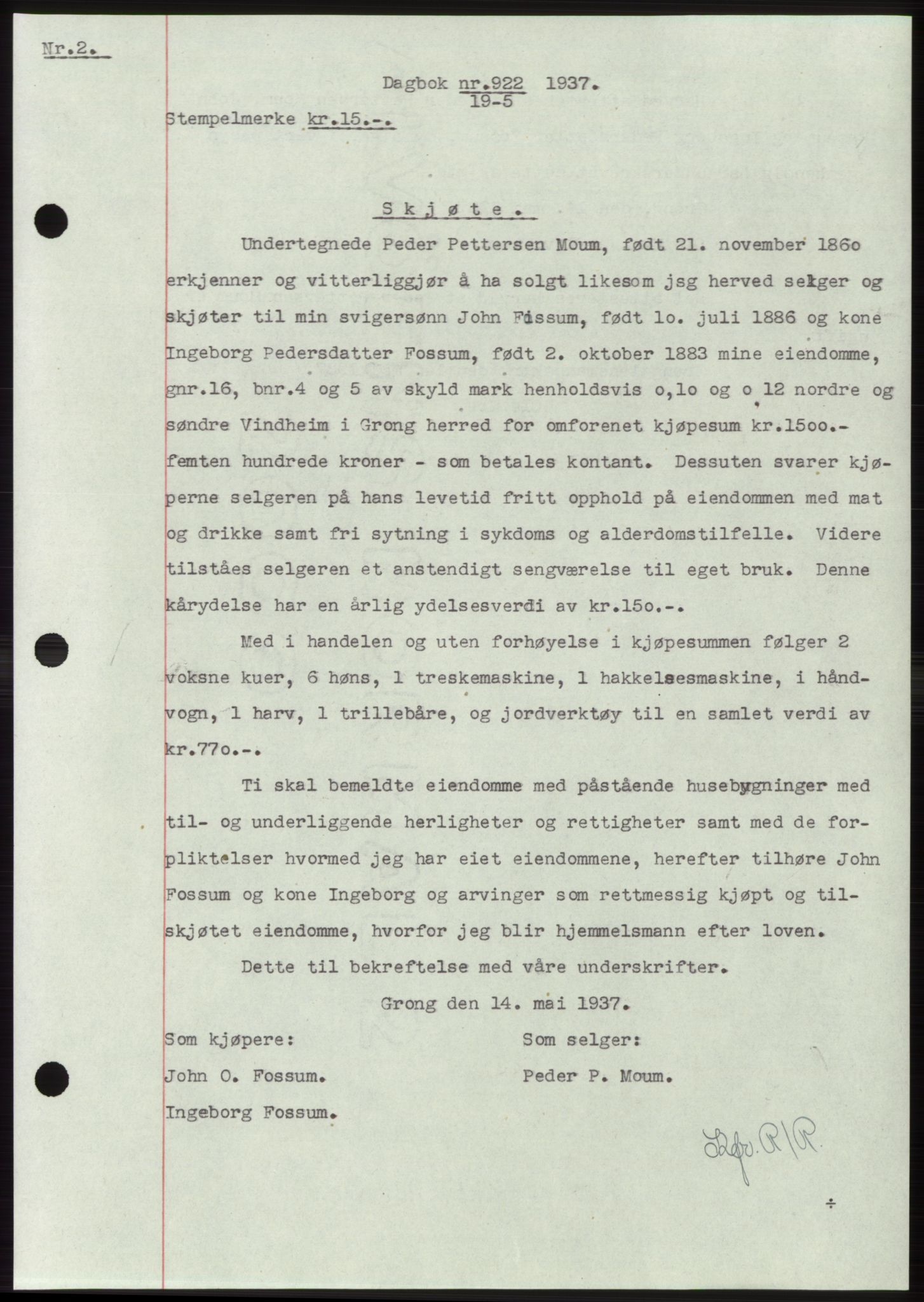 Namdal sorenskriveri, SAT/A-4133/1/2/2C: Pantebok nr. -, 1937-1939, Tingl.dato: 19.05.1937