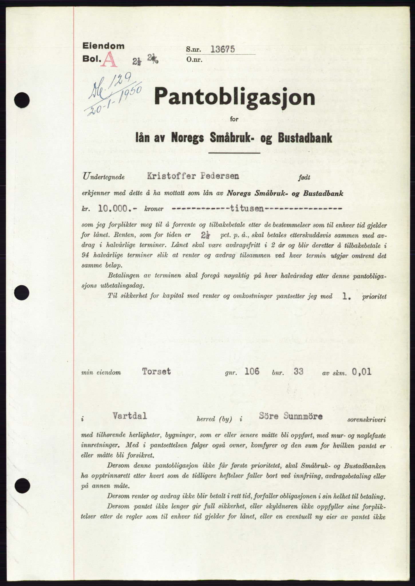 Søre Sunnmøre sorenskriveri, SAT/A-4122/1/2/2C/L0118: Pantebok nr. 6B, 1949-1950, Dagboknr: 129/1950