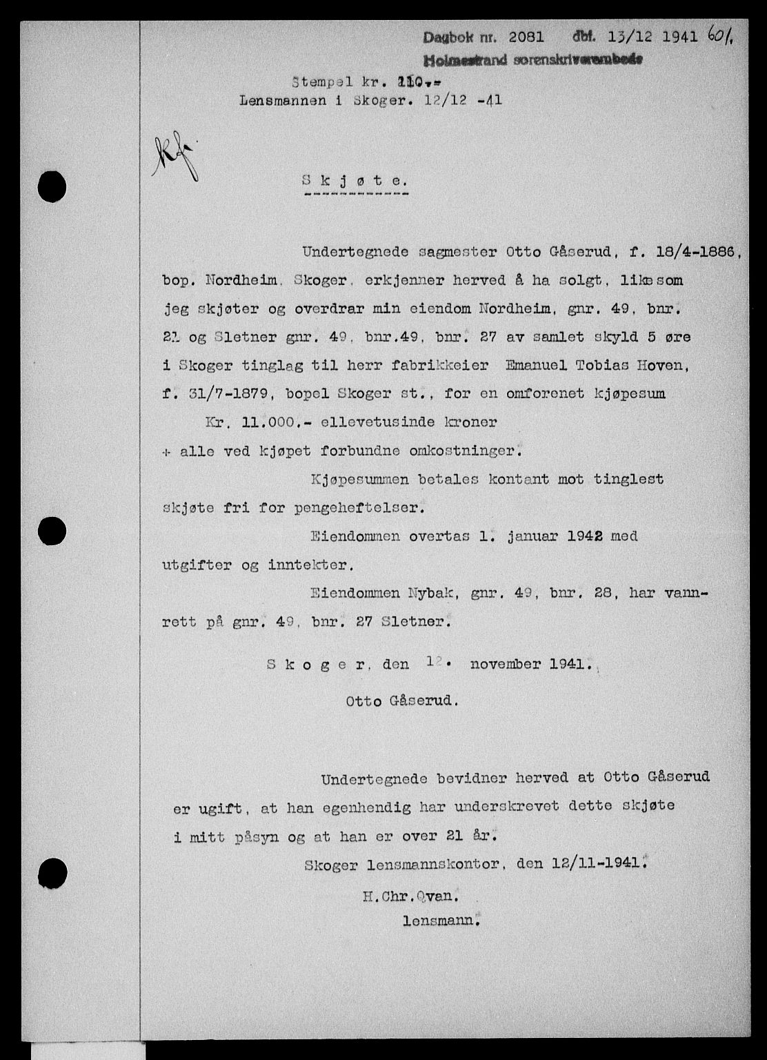 Holmestrand sorenskriveri, SAKO/A-67/G/Ga/Gaa/L0054: Pantebok nr. A-54, 1941-1942, Dagboknr: 2081/1941