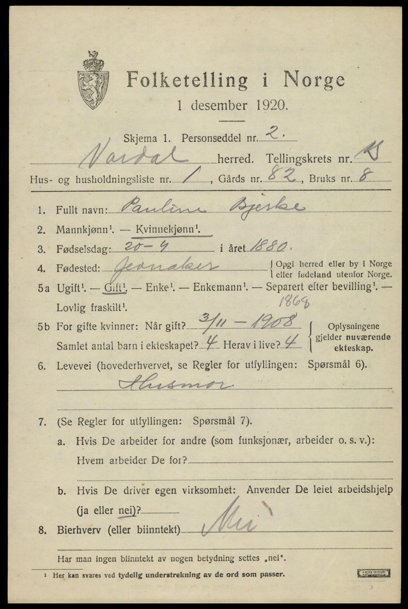 SAH, Folketelling 1920 for 0527 Vardal herred, 1920, s. 13799