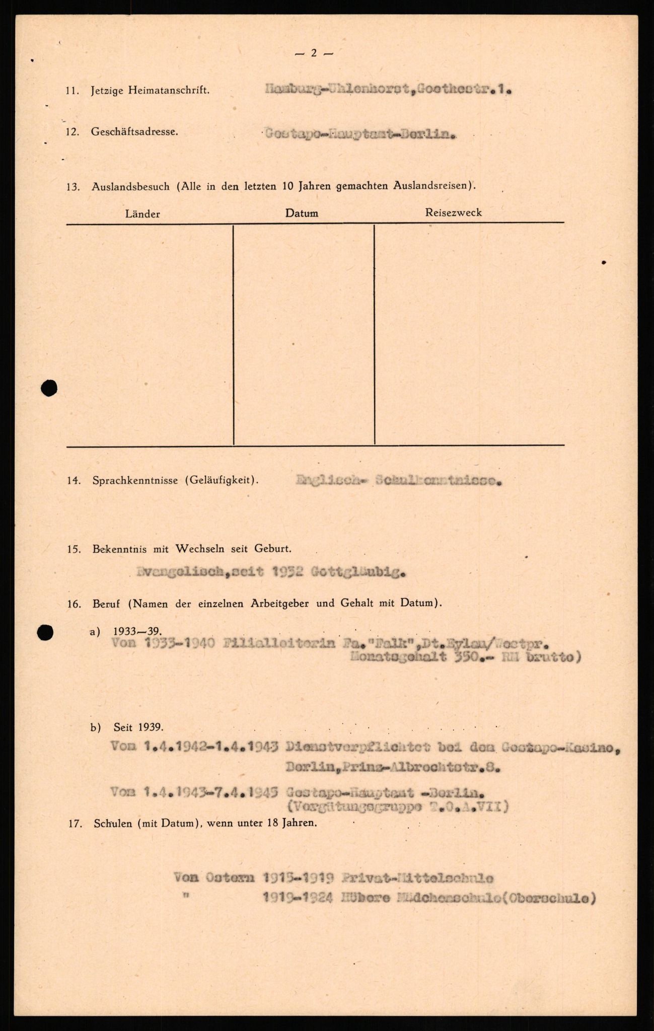 Forsvaret, Forsvarets overkommando II, RA/RAFA-3915/D/Db/L0023: CI Questionaires. Tyske okkupasjonsstyrker i Norge. Tyskere., 1945-1946, s. 431