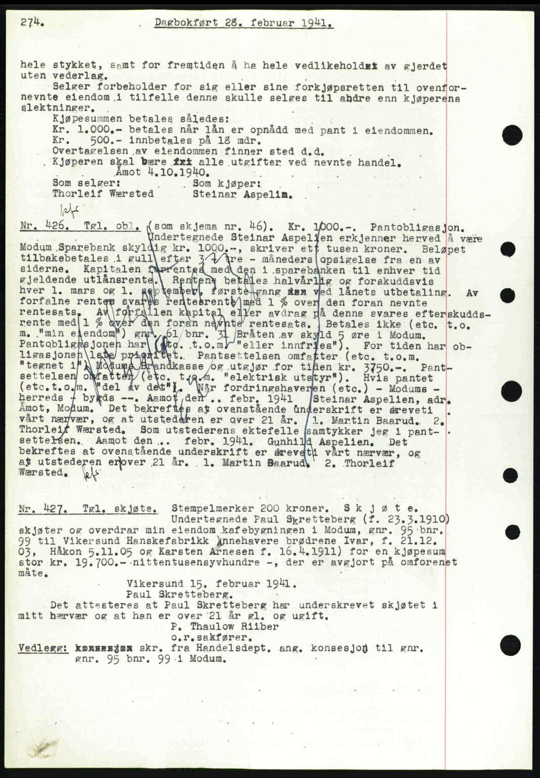 Eiker, Modum og Sigdal sorenskriveri, SAKO/A-123/G/Ga/Gab/L0043: Pantebok nr. A13, 1940-1941, Dagboknr: 426/1941