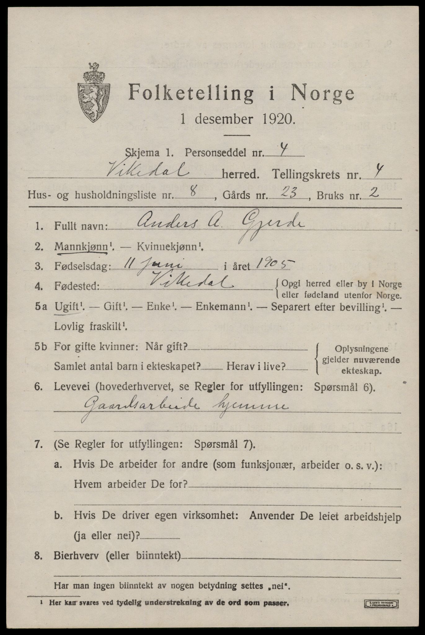SAST, Folketelling 1920 for 1157 Vikedal herred, 1920, s. 2119