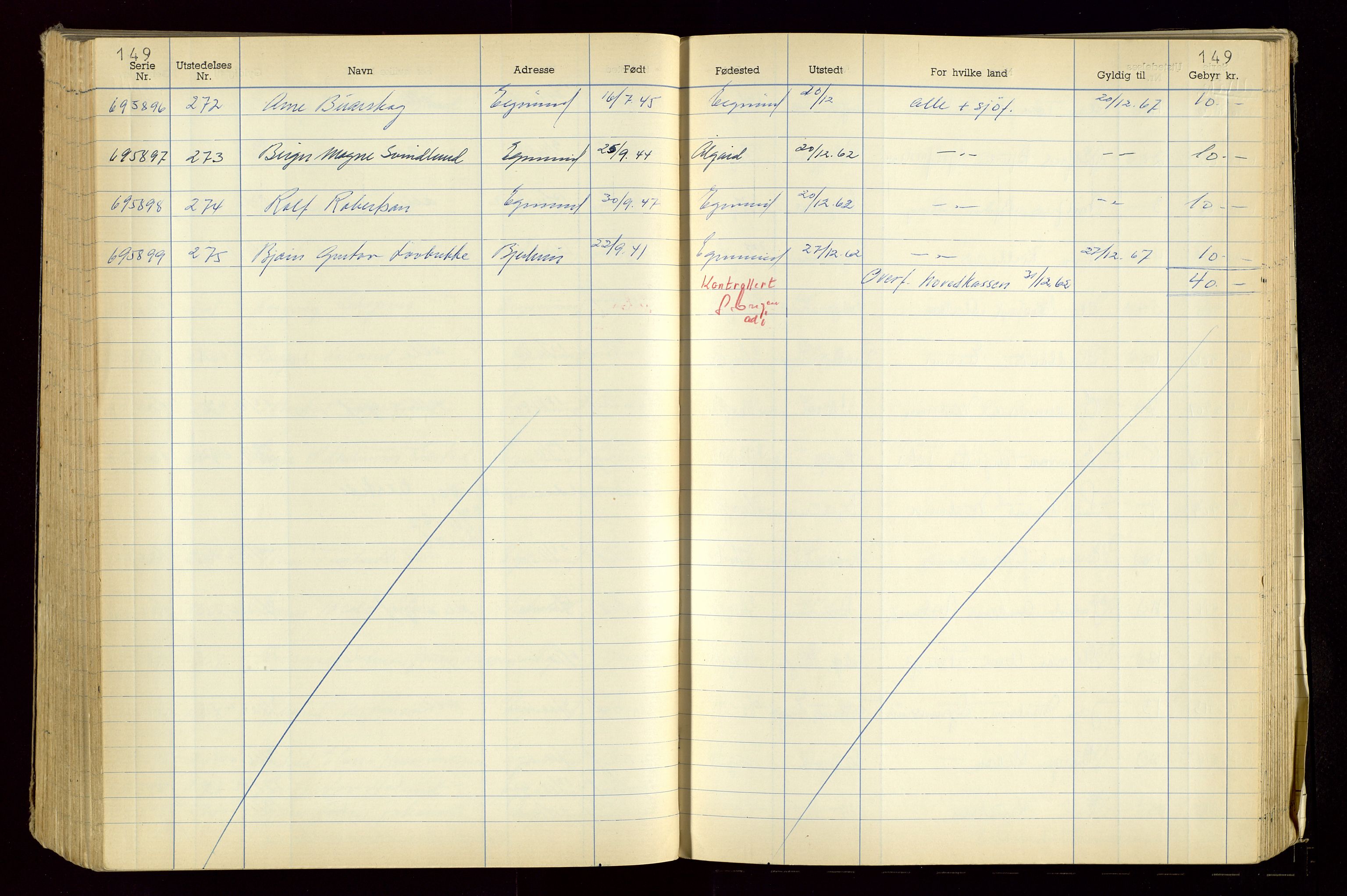 Eigersund politistasjon, AV/SAST-A-100445/K/L0001: Passjournal, 1955-1967, s. 149