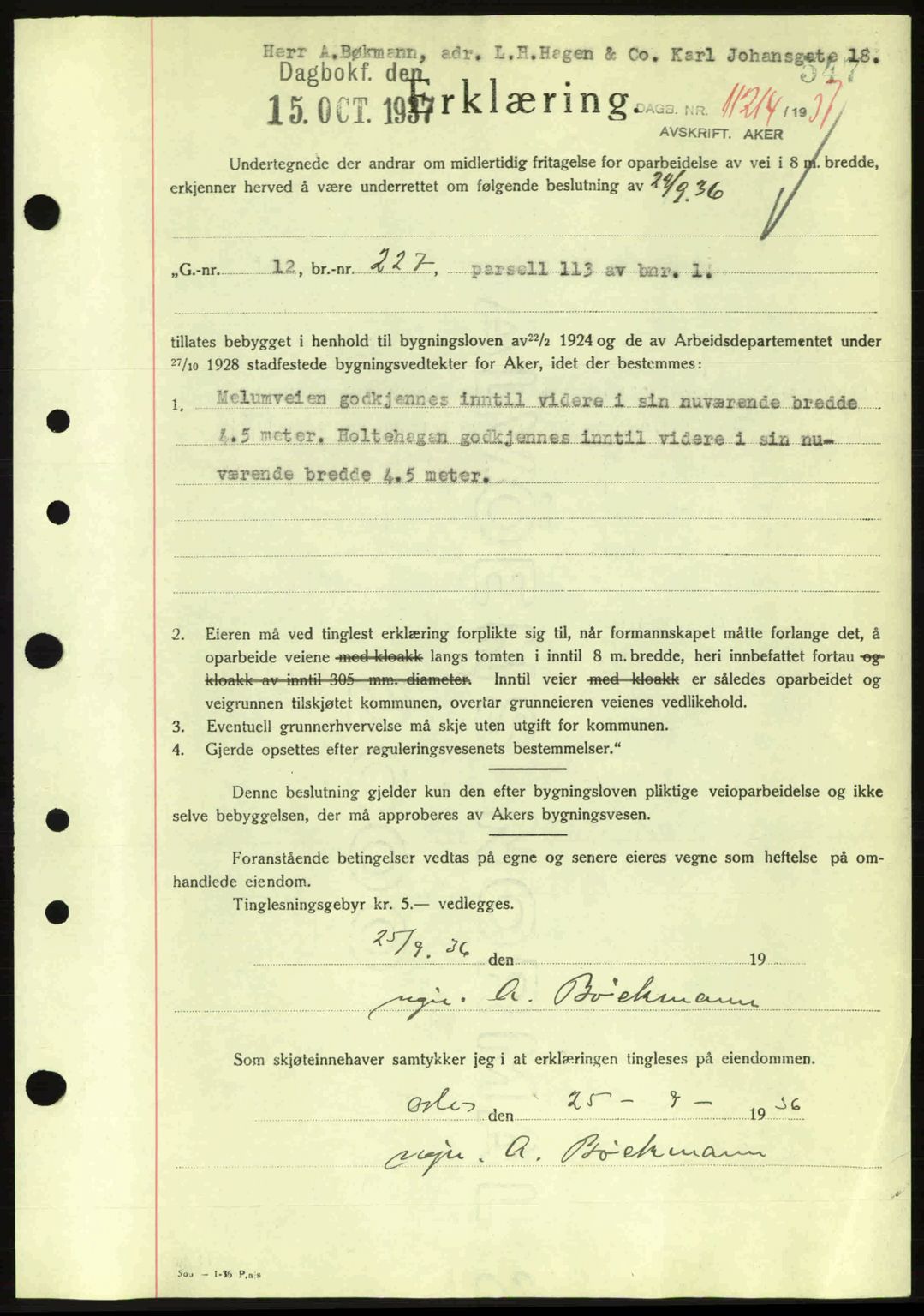 Aker herredsskriveri, SAO/A-10896/G/Gb/Gba/Gbab/L0017: Pantebok nr. A148, 1937-1937, Dagboknr: 11214/1937