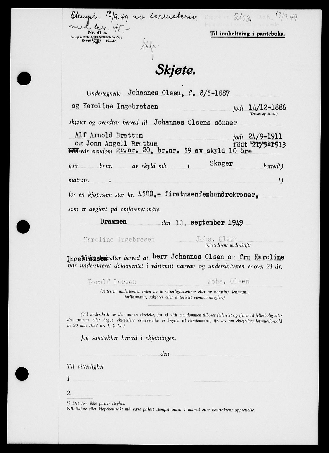 Holmestrand sorenskriveri, SAKO/A-67/G/Ga/Gaa/L0067: Pantebok nr. A-67, 1949-1949, Dagboknr: 2102/1949