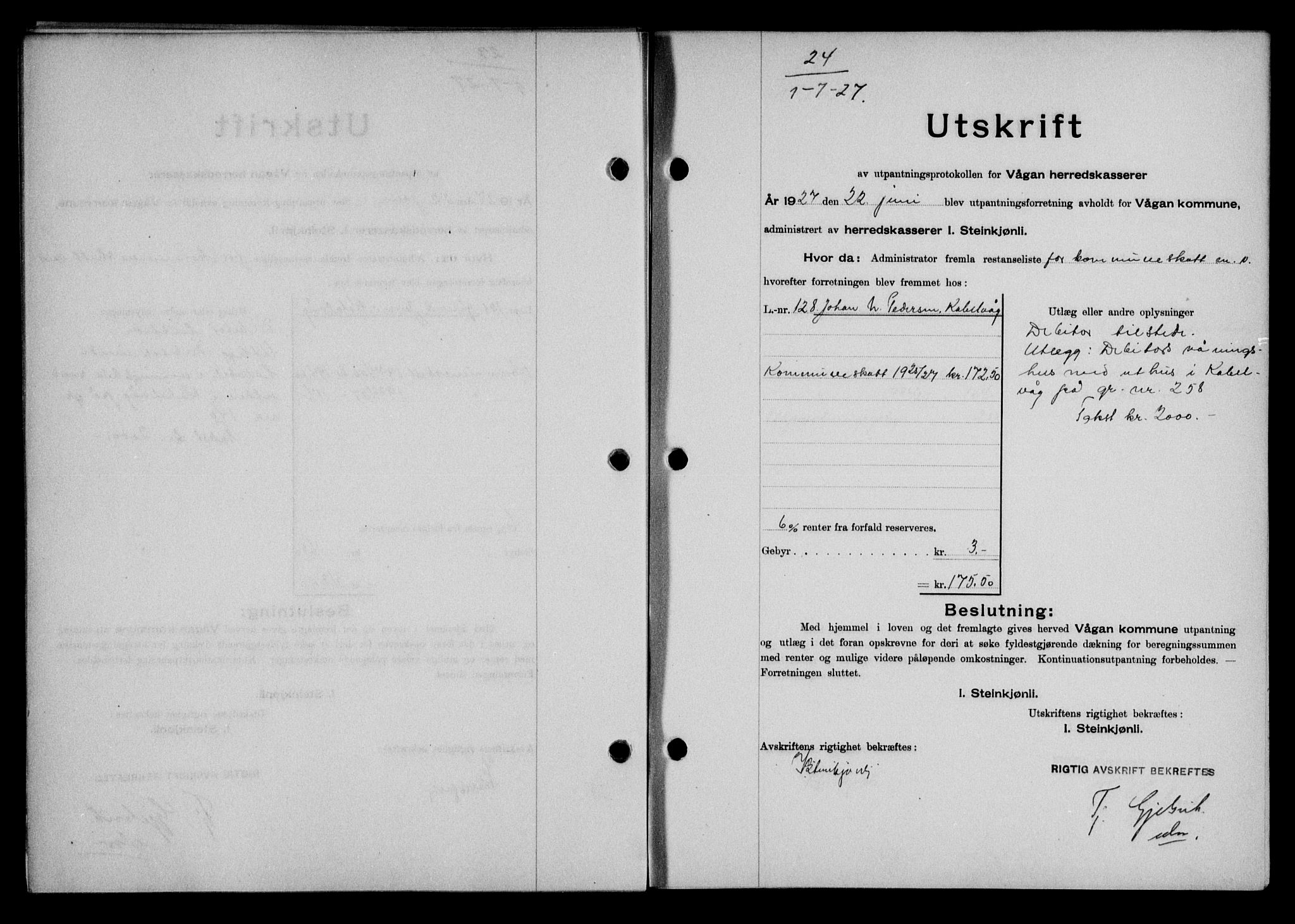 Lofoten sorenskriveri, SAT/A-0017/1/2/2C/L0015b: Pantebok nr. 15b, 1927-1927, Tingl.dato: 01.07.1927