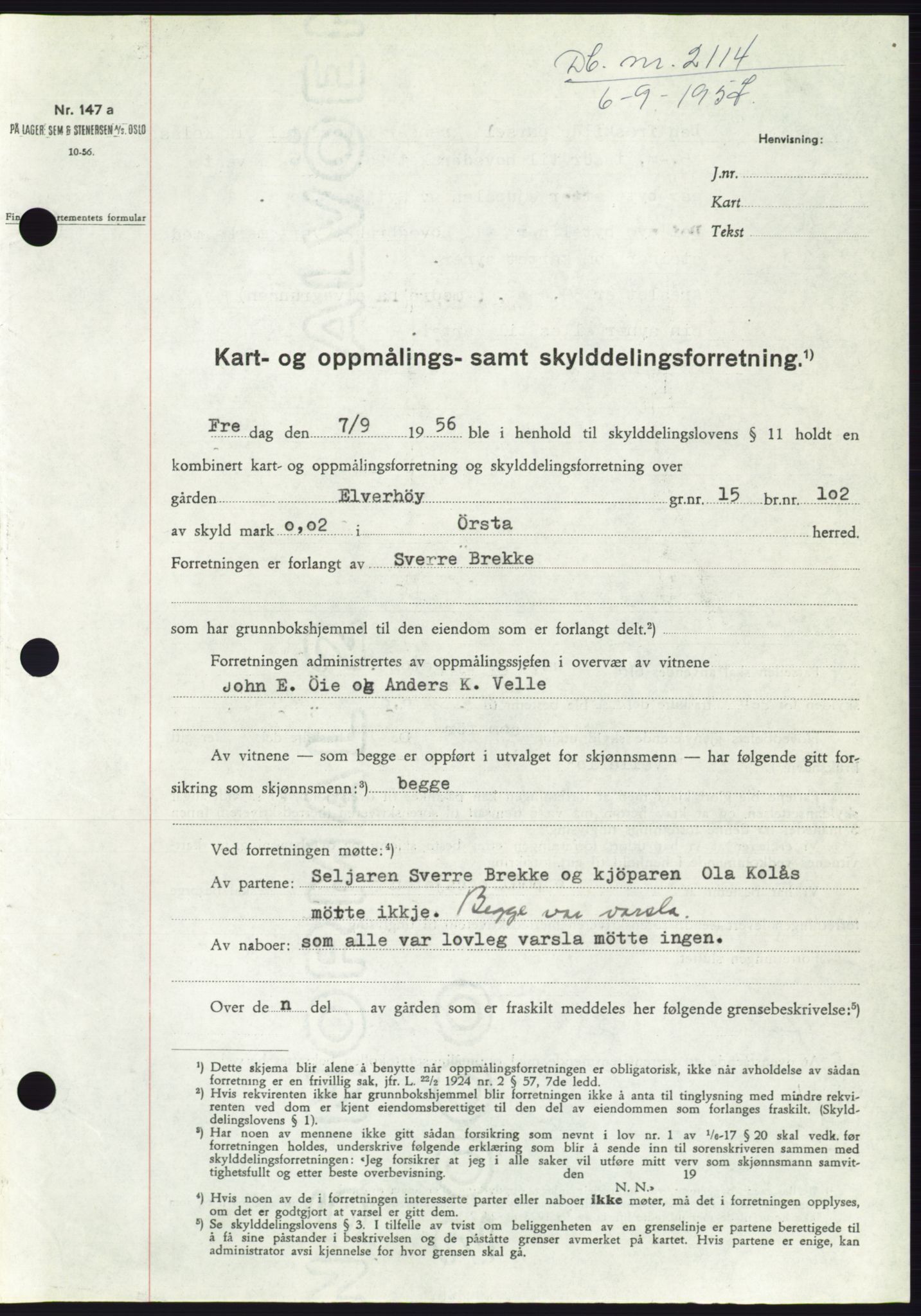Søre Sunnmøre sorenskriveri, SAT/A-4122/1/2/2C/L0107: Pantebok nr. 33A, 1957-1957, Dagboknr: 2114/1957