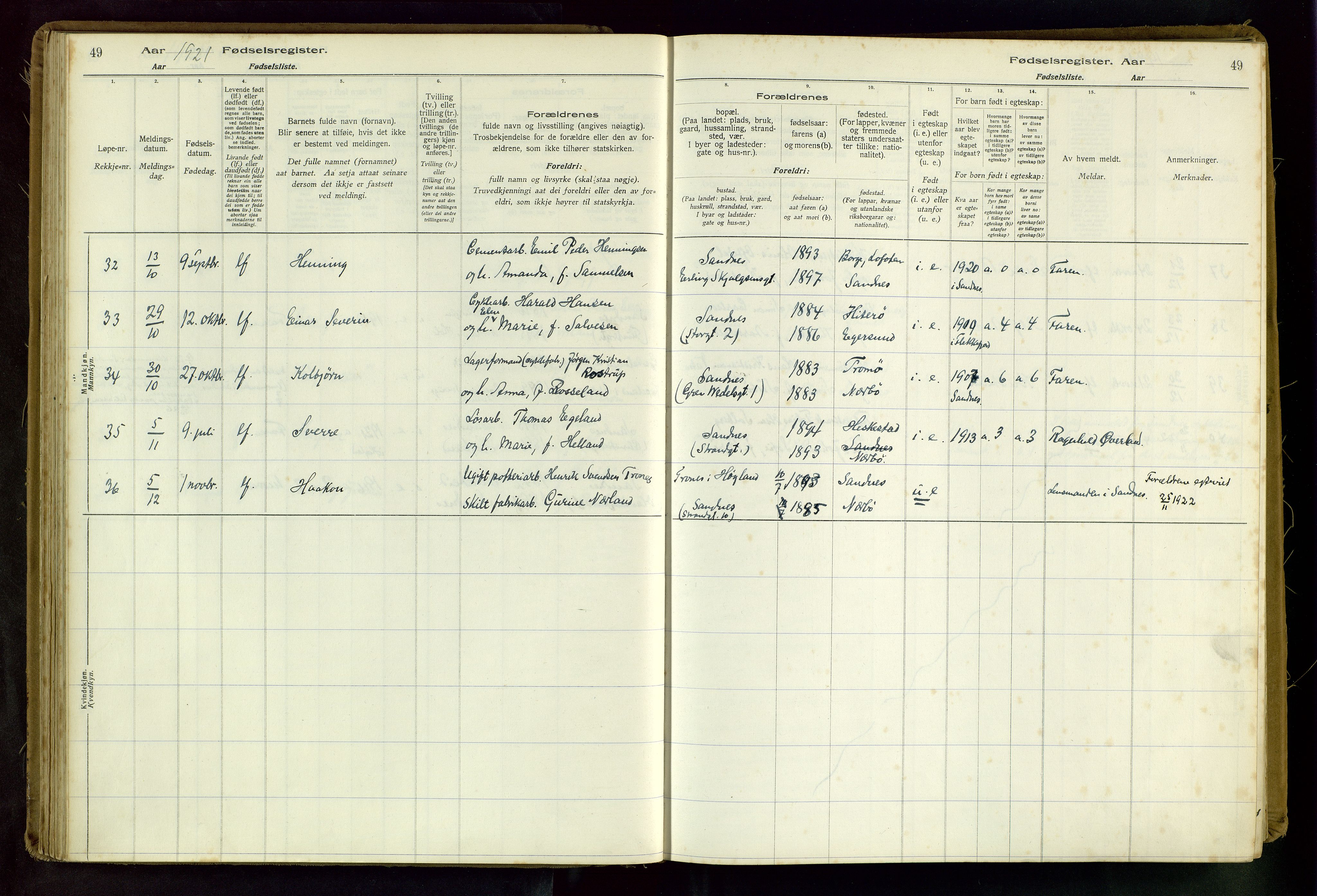 Sandnes sokneprestkontor, SAST/A-101800/704BA/L0001: Fødselsregister nr. 1, 1916-1942, s. 49