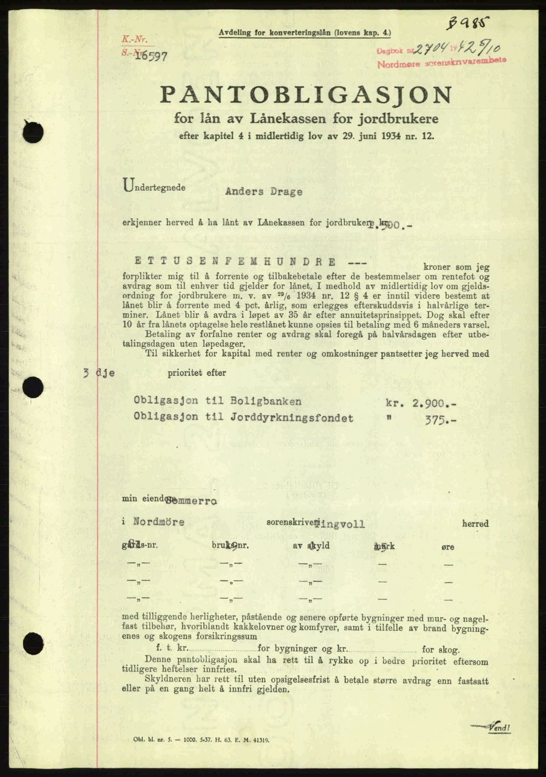 Nordmøre sorenskriveri, AV/SAT-A-4132/1/2/2Ca: Pantebok nr. B89, 1942-1942, Dagboknr: 2704/1942