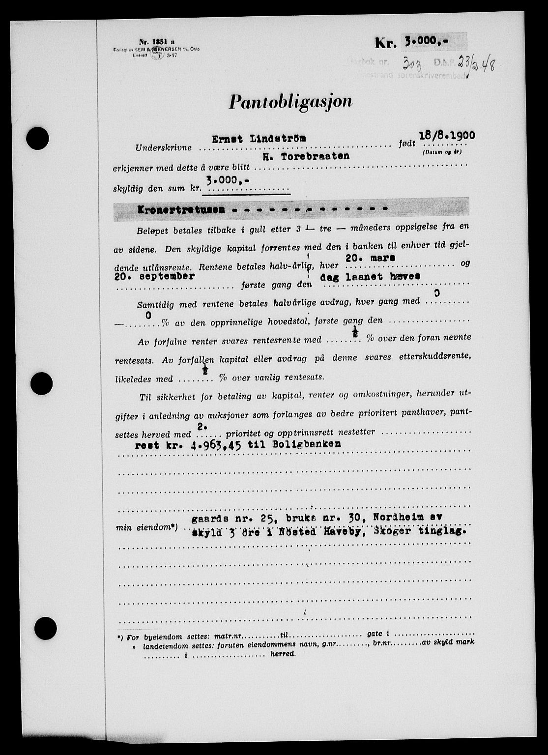 Holmestrand sorenskriveri, SAKO/A-67/G/Ga/Gab/L0058: Pantebok nr. B-58, 1947-1948, Dagboknr: 303/1948