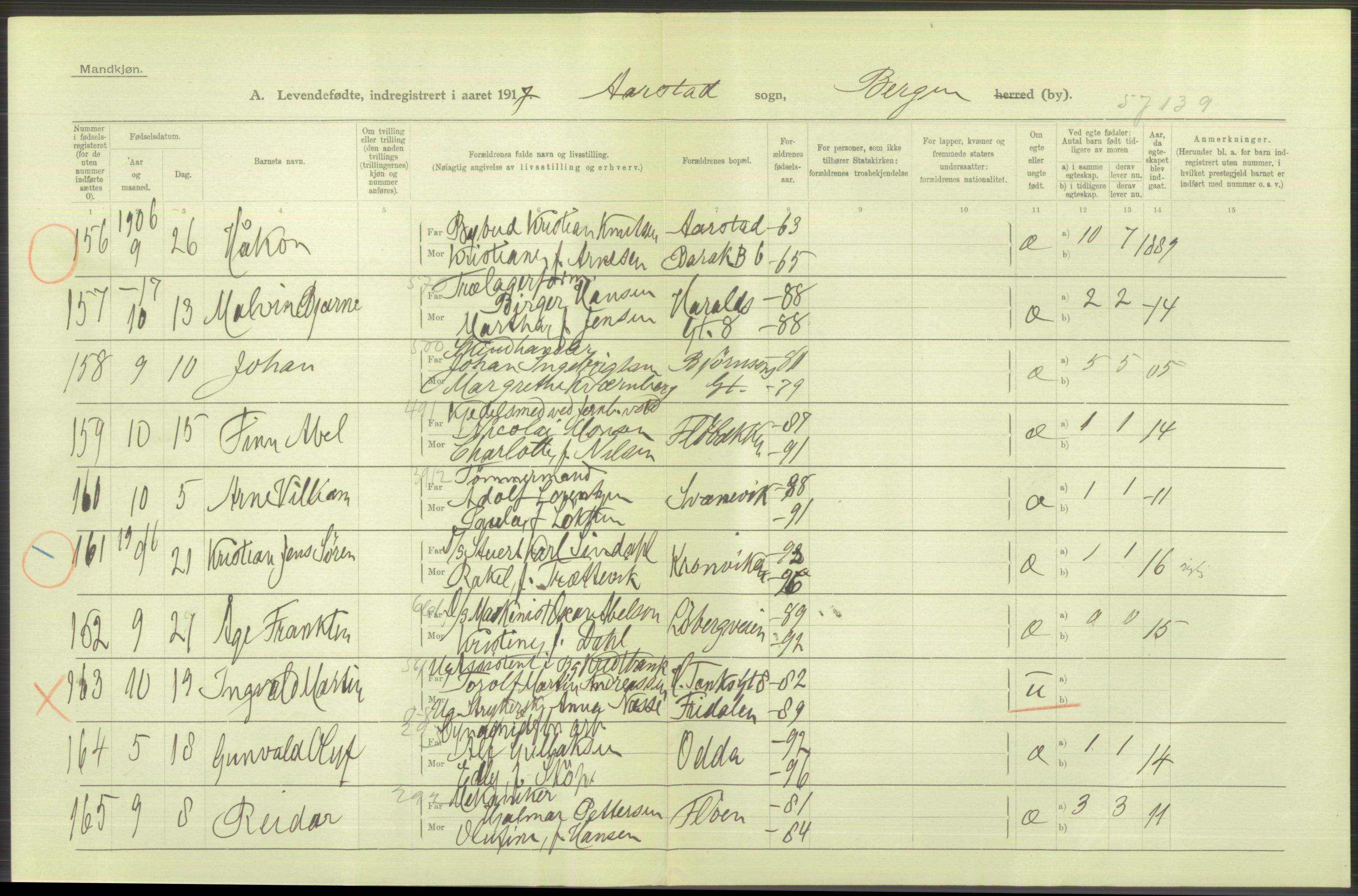 Statistisk sentralbyrå, Sosiodemografiske emner, Befolkning, AV/RA-S-2228/D/Df/Dfb/Dfbg/L0037: Bergen: Levendefødte menn og kvinner., 1917, s. 574