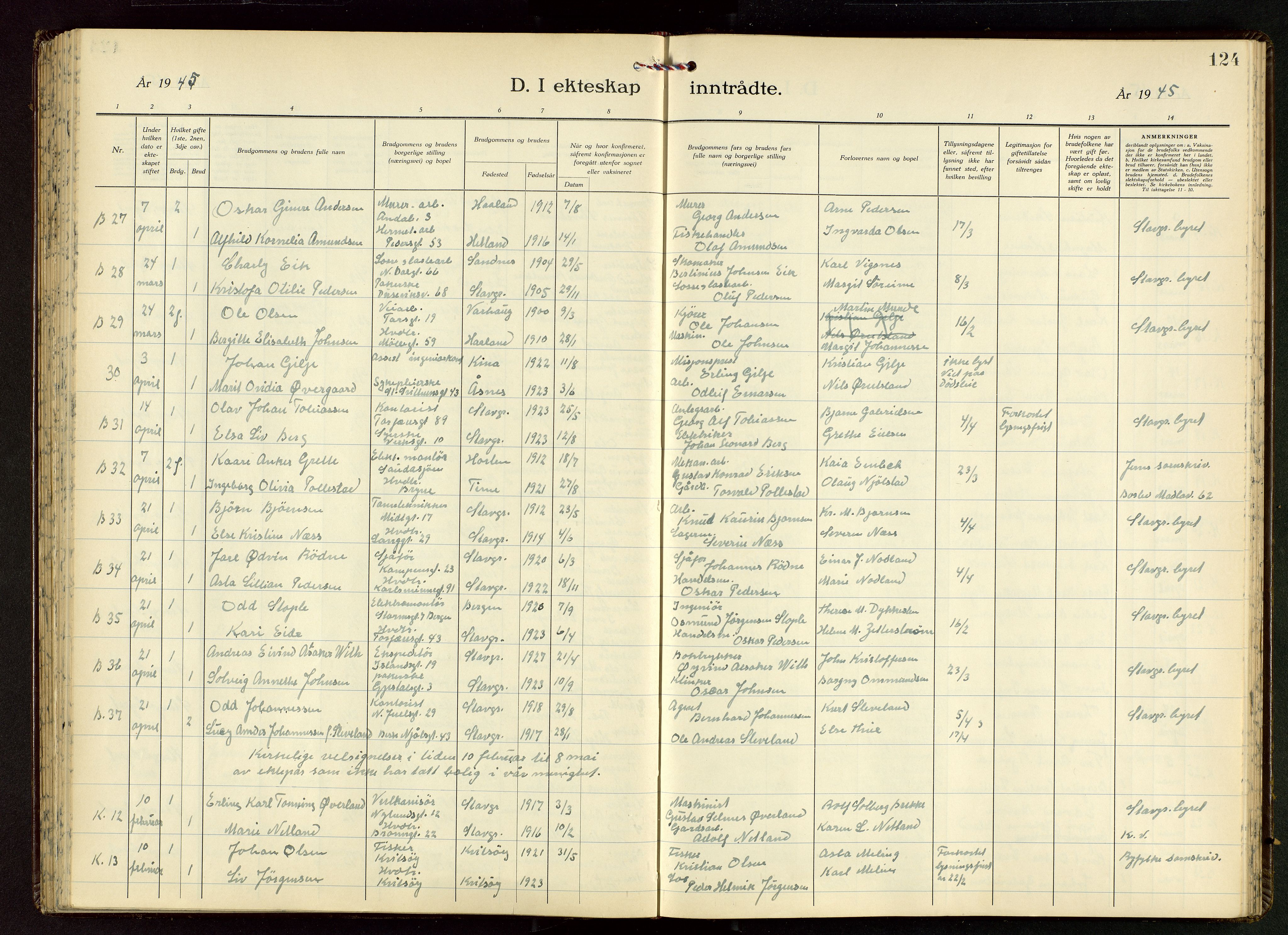 Domkirken sokneprestkontor, AV/SAST-A-101812/001/30/30BB/L0022: Klokkerbok nr. B 22, 1937-1949, s. 124