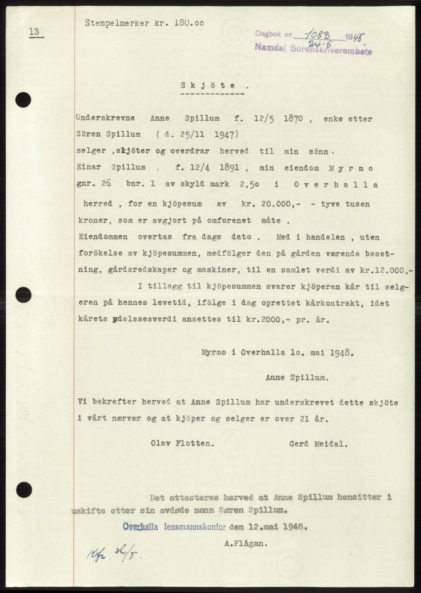 Namdal sorenskriveri, SAT/A-4133/1/2/2C: Pantebok nr. -, 1947-1948, Dagboknr: 1083/1948