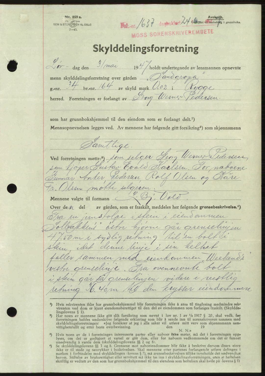Moss sorenskriveri, SAO/A-10168: Pantebok nr. A17, 1947-1947, Dagboknr: 1637/1947