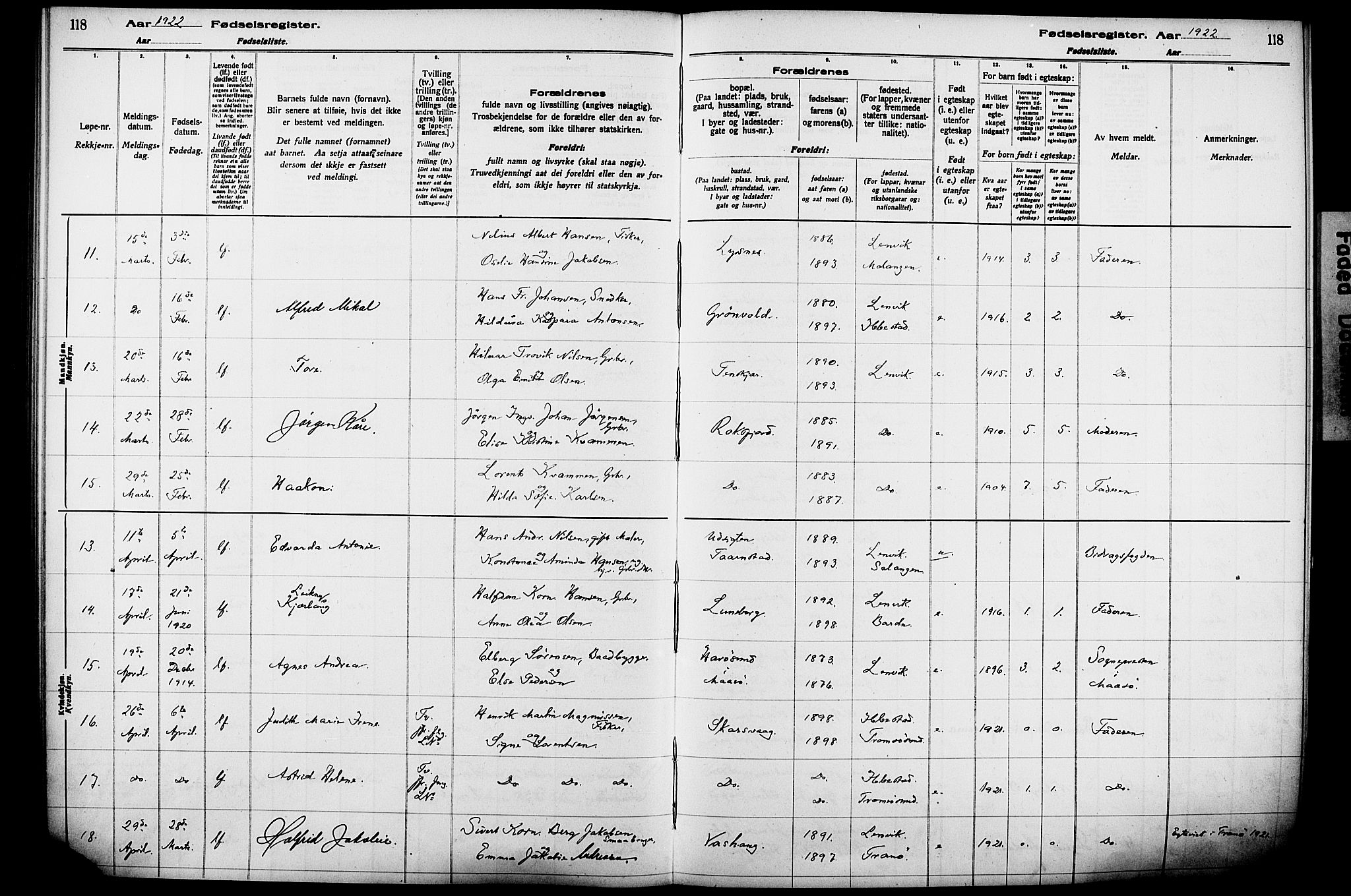 Lenvik sokneprestembete, AV/SATØ-S-1310/I/Ic/L0089: Fødselsregister nr. 89, 1916-1926, s. 118