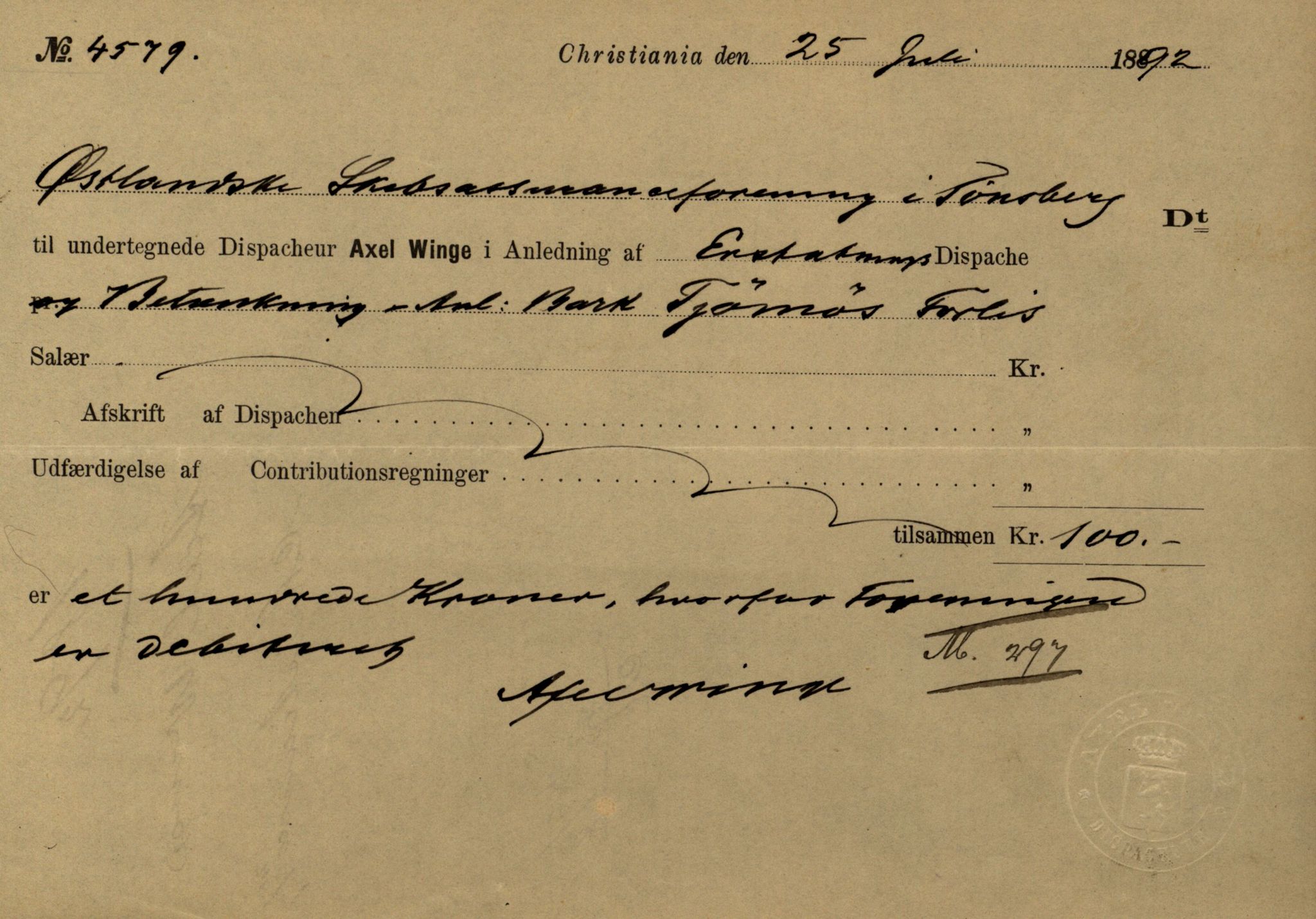 Pa 63 - Østlandske skibsassuranceforening, VEMU/A-1079/G/Ga/L0028/0005: Havaridokumenter / Tjømø, Magnolia, Caroline, Olaf, Stjernen, 1892, s. 6