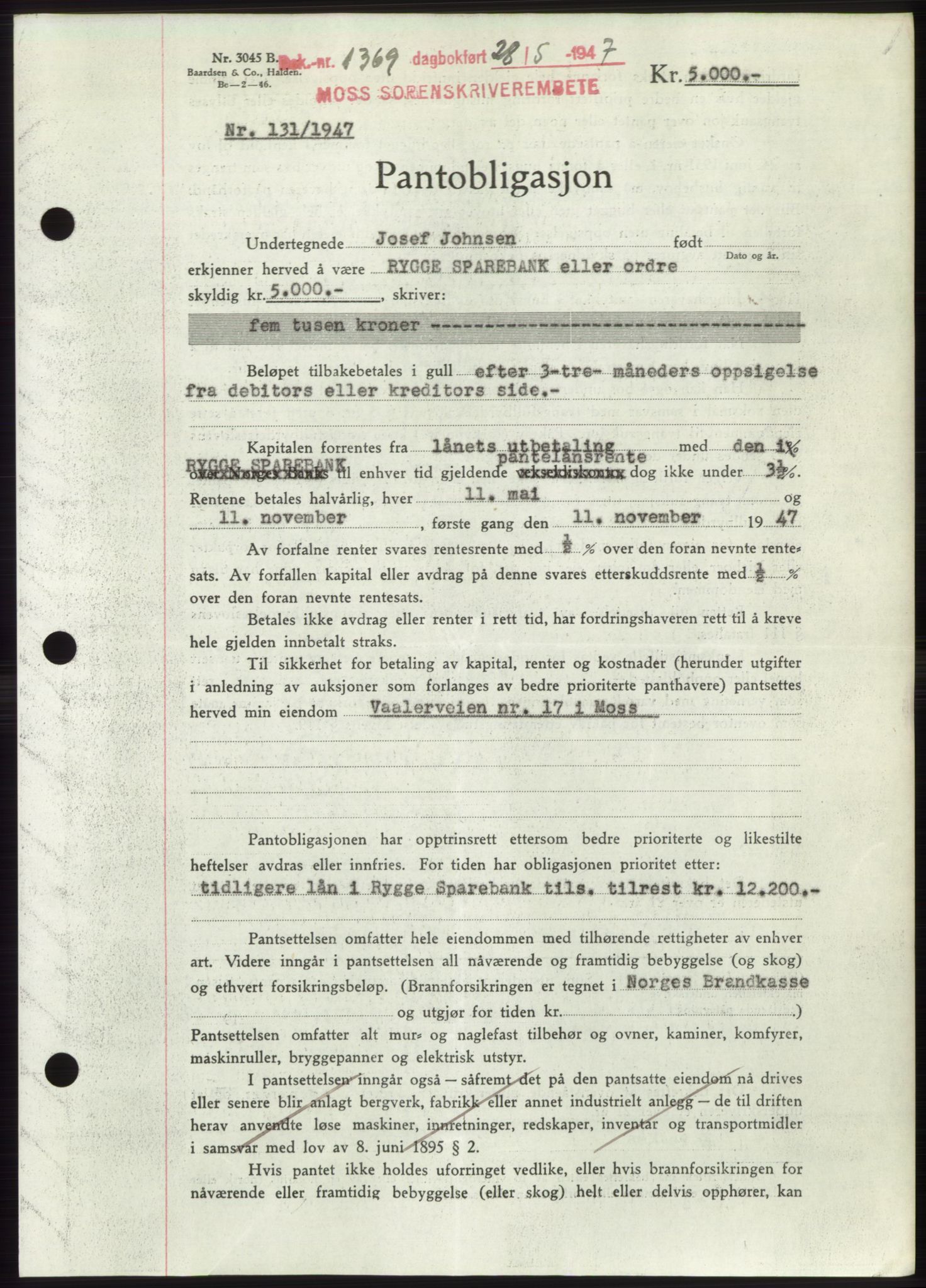 Moss sorenskriveri, SAO/A-10168: Pantebok nr. B17, 1947-1947, Dagboknr: 1369/1947