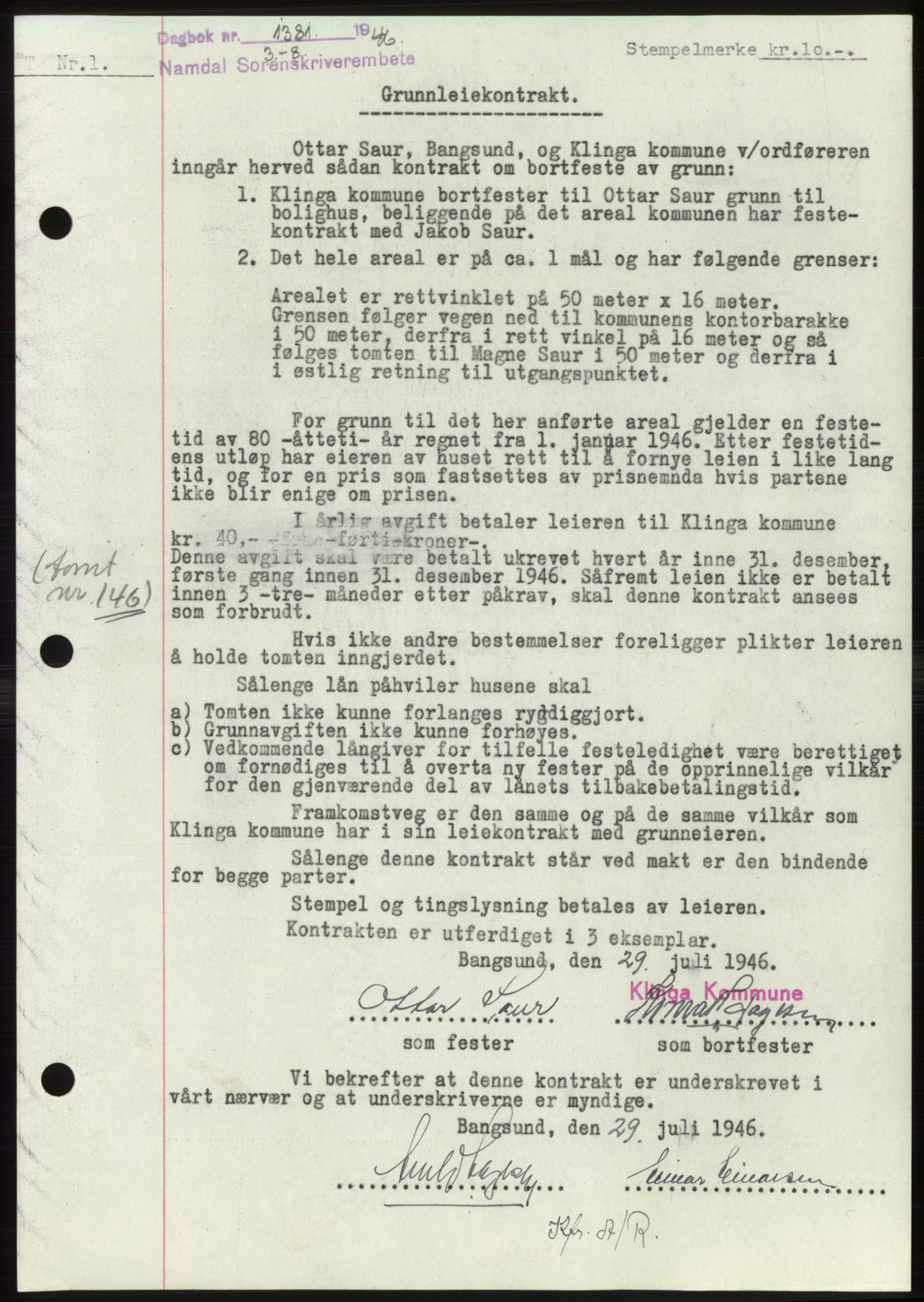 Namdal sorenskriveri, SAT/A-4133/1/2/2C: Pantebok nr. -, 1946-1946, Dagboknr: 1381/1946