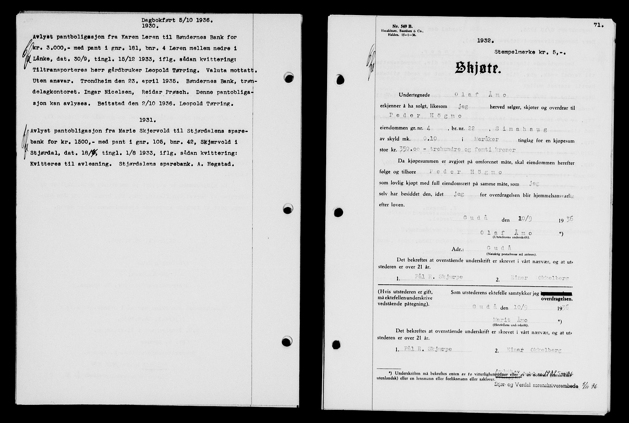 Stjør- og Verdal sorenskriveri, SAT/A-4167/1/2/2C/L0078: Pantebok nr. 46, 1936-1937, Dagboknr: 1932/1936