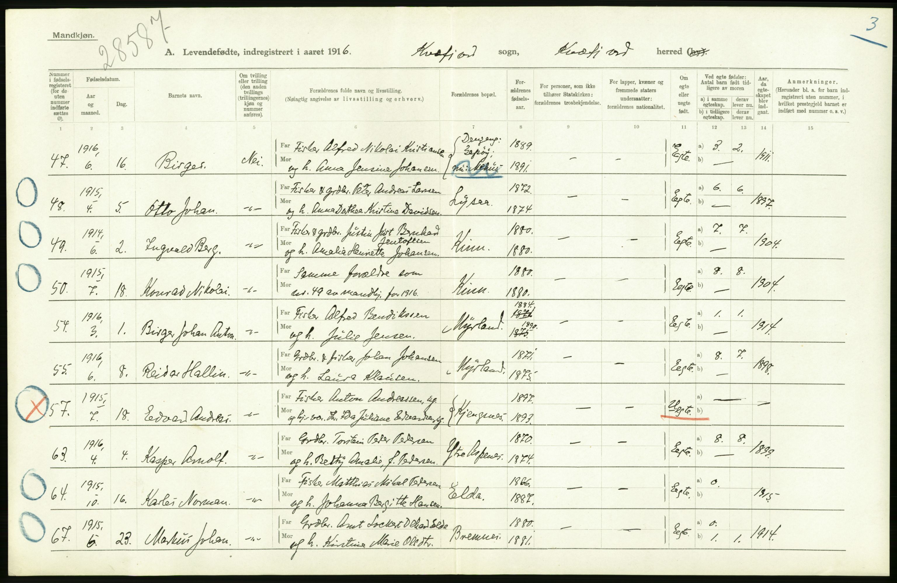 Statistisk sentralbyrå, Sosiodemografiske emner, Befolkning, AV/RA-S-2228/D/Df/Dfb/Dfbf/L0053: Tromsø amt: Levendefødte menn og kvinner. Bygder og byer., 1916, s. 24