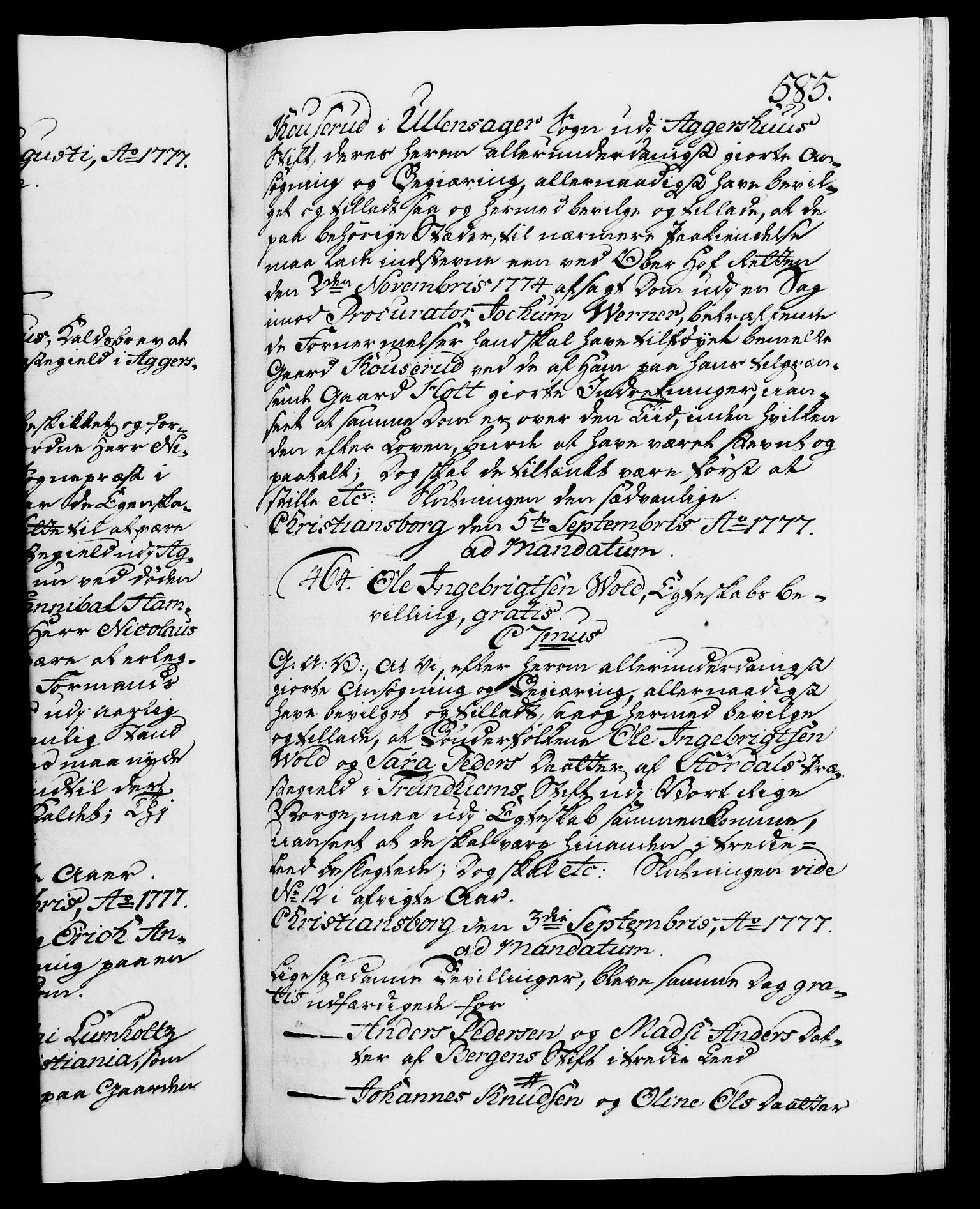 Danske Kanselli 1572-1799, AV/RA-EA-3023/F/Fc/Fca/Fcaa/L0047: Norske registre, 1776-1778, s. 585a