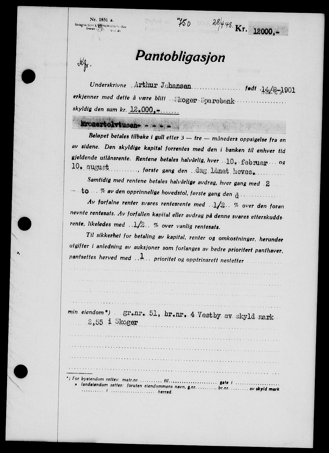 Holmestrand sorenskriveri, SAKO/A-67/G/Ga/Gab/L0058: Pantebok nr. B-58, 1947-1948, Dagboknr: 750/1948