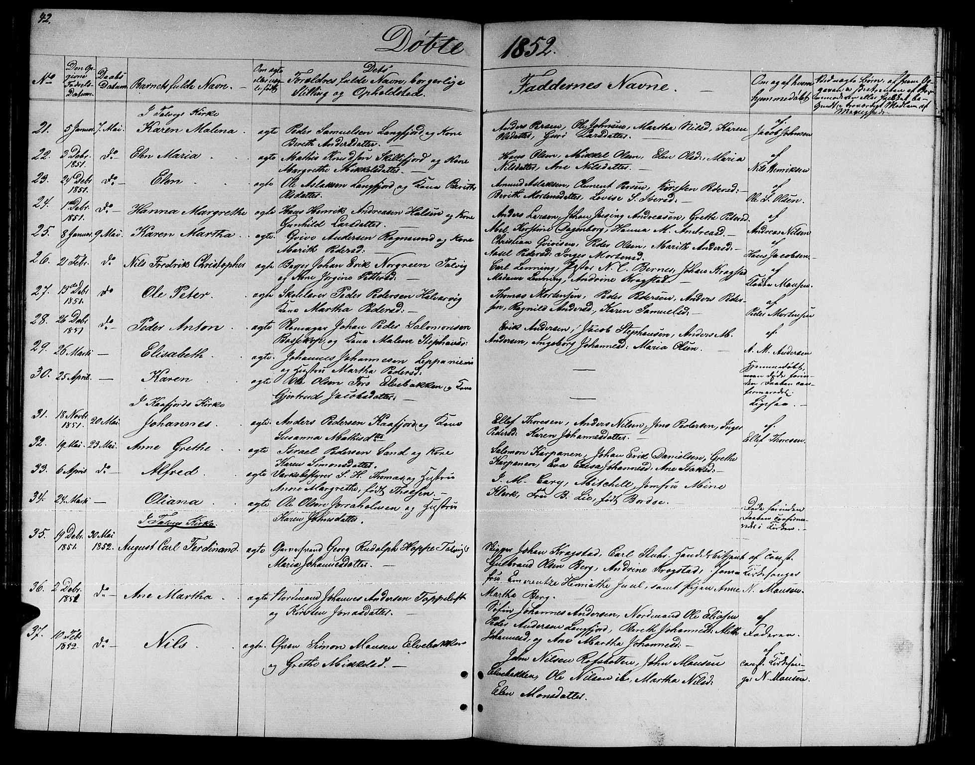 Talvik sokneprestkontor, AV/SATØ-S-1337/H/Hb/L0001klokker: Klokkerbok nr. 1, 1847-1863, s. 42