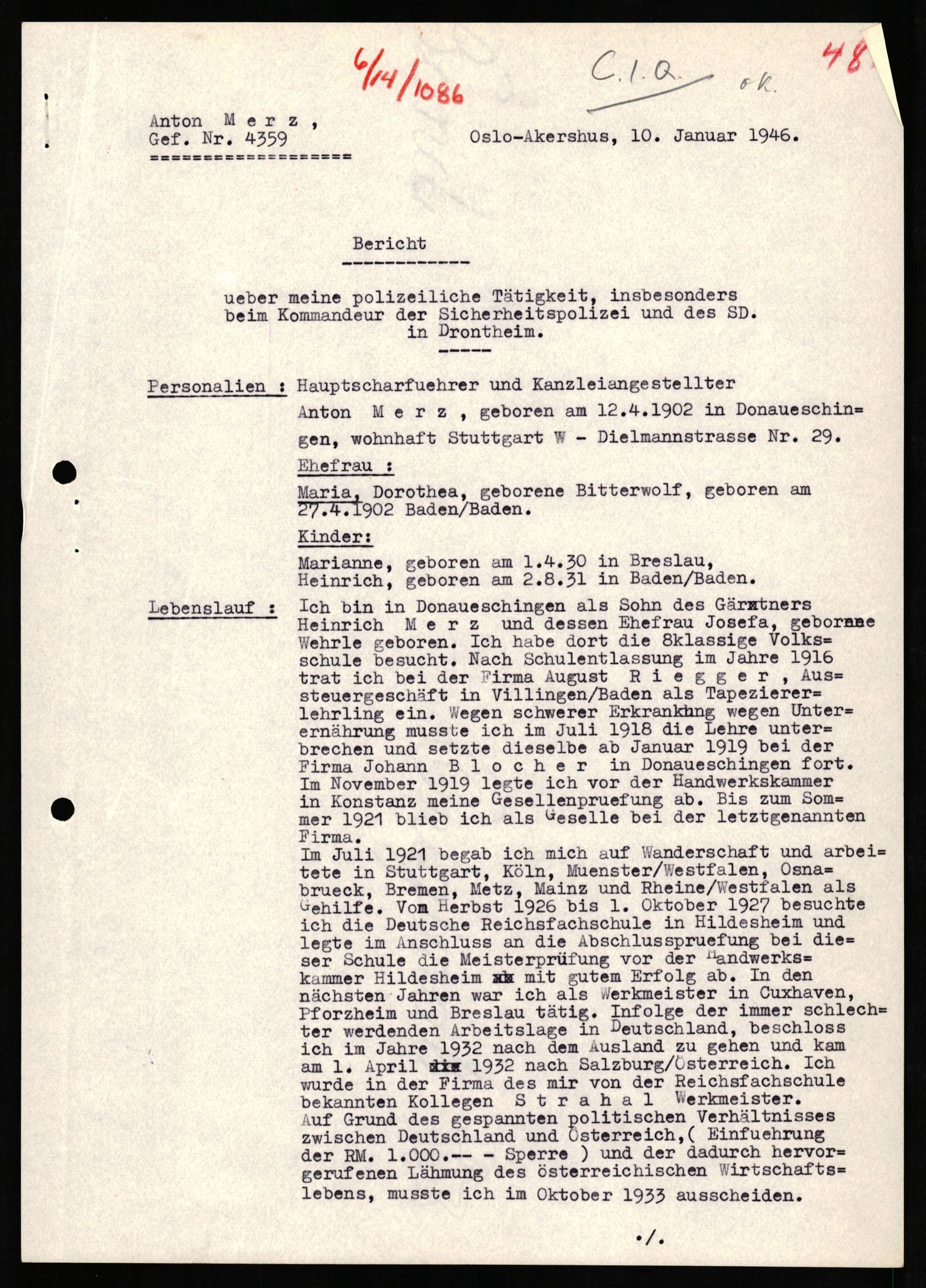 Forsvaret, Forsvarets overkommando II, AV/RA-RAFA-3915/D/Db/L0021: CI Questionaires. Tyske okkupasjonsstyrker i Norge. Tyskere., 1945-1946, s. 434