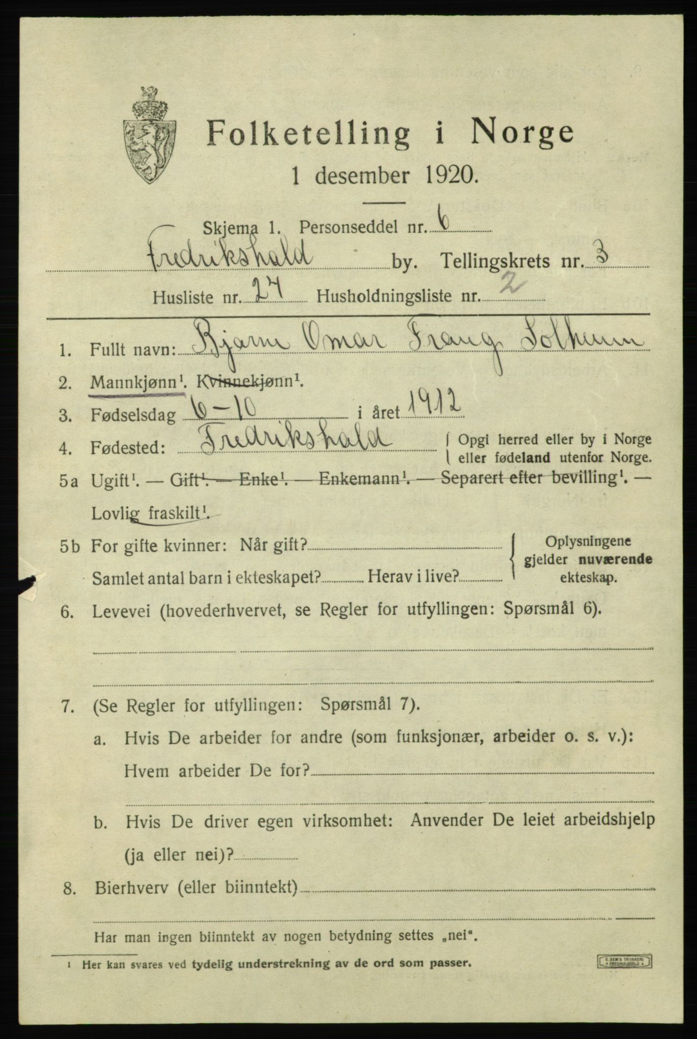 SAO, Folketelling 1920 for 0101 Fredrikshald kjøpstad, 1920, s. 10992
