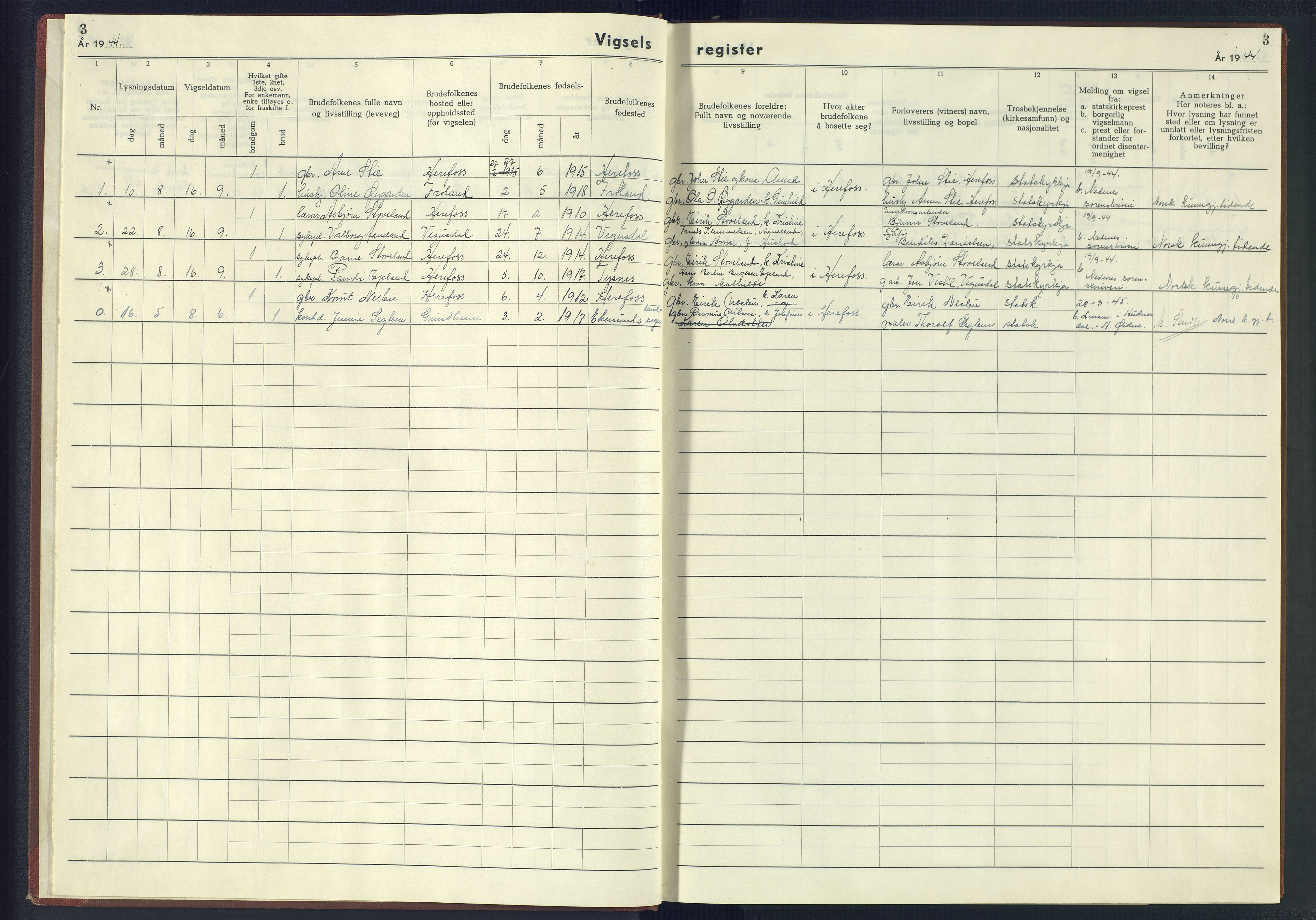 Herefoss sokneprestkontor, SAK/1111-0019/J/Jb/L0004: Vigselsregister nr. II.6.4, 1942-1945, s. 3