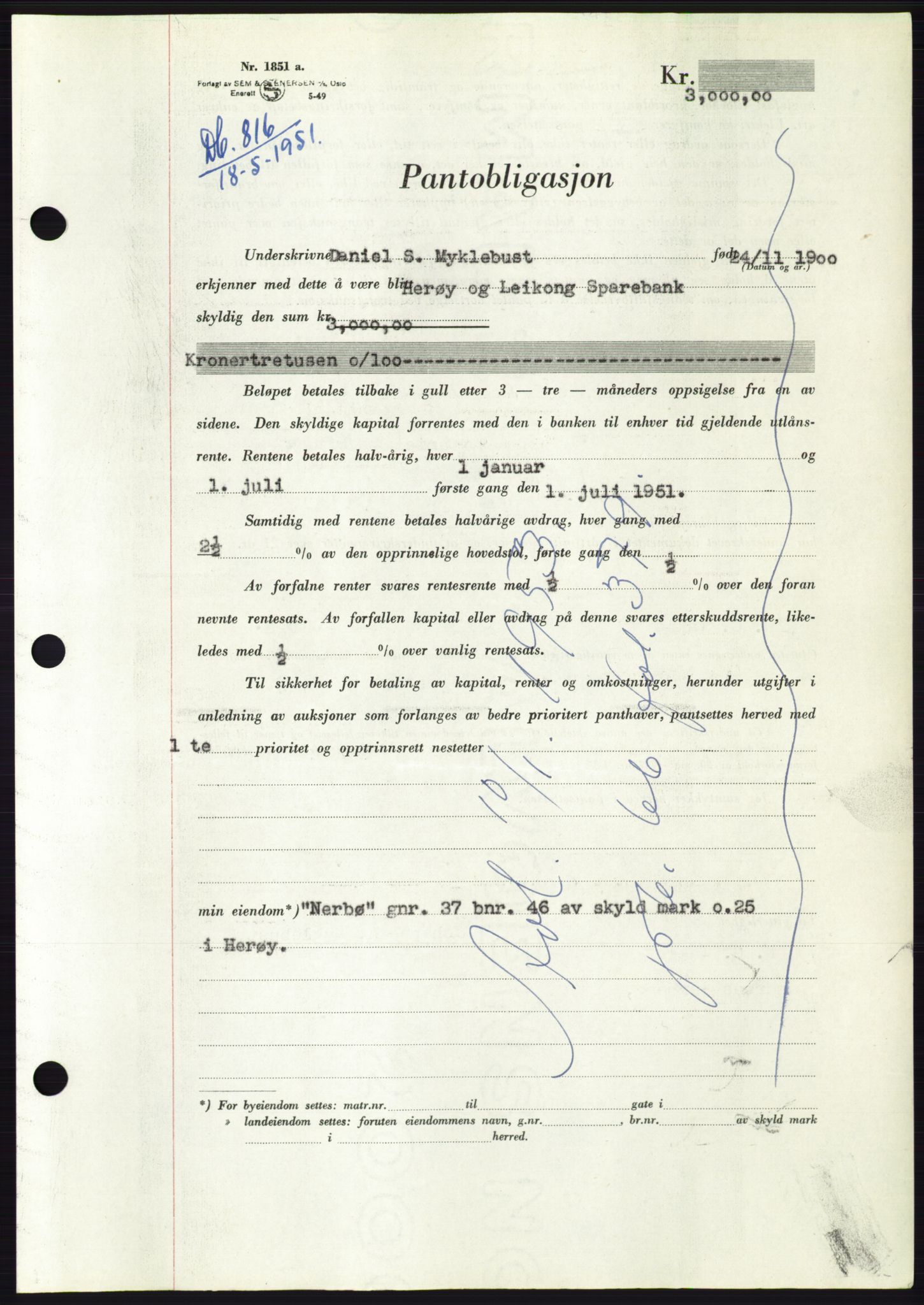 Søre Sunnmøre sorenskriveri, AV/SAT-A-4122/1/2/2C/L0120: Pantebok nr. 8B, 1951-1951, Dagboknr: 816/1951