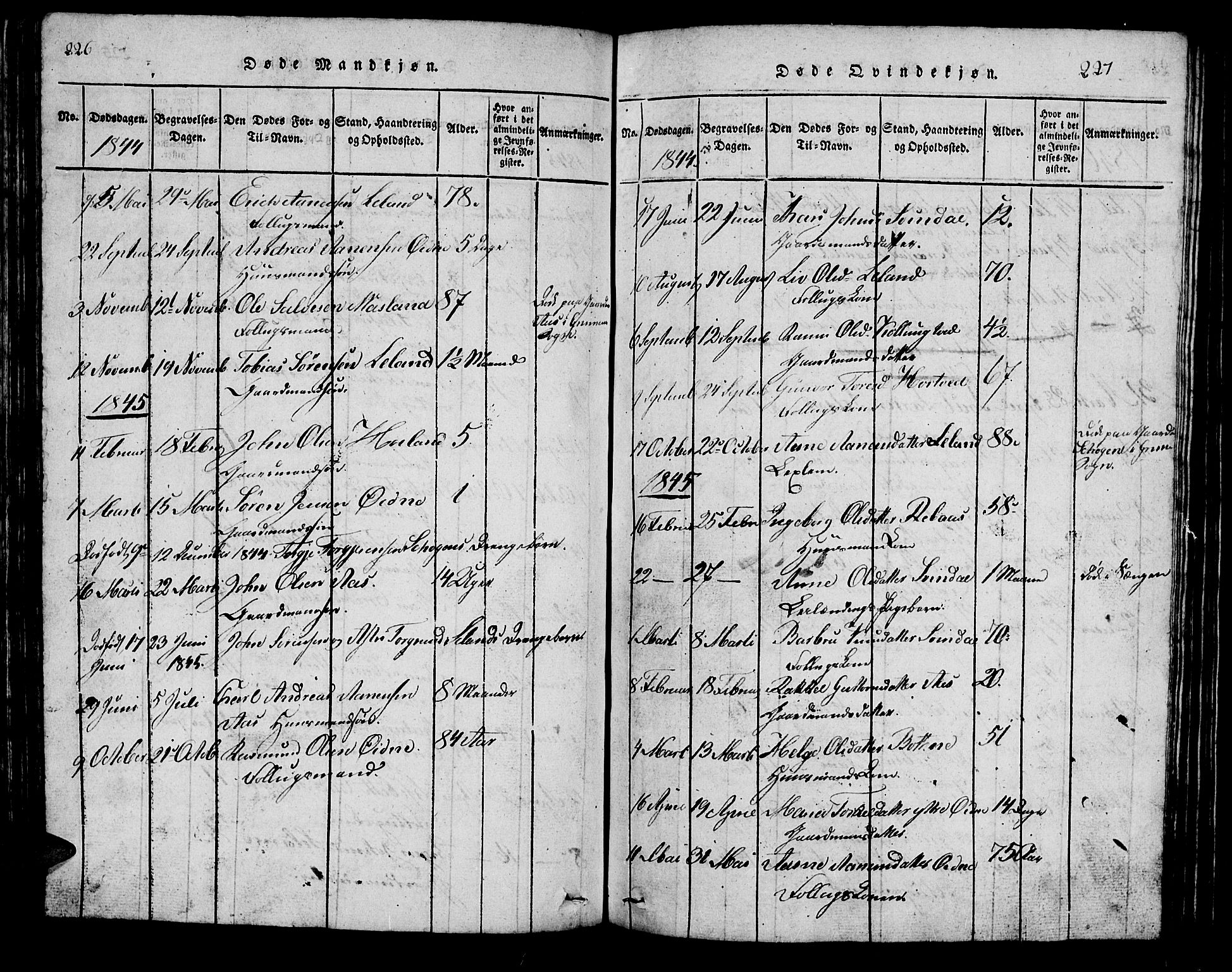 Bjelland sokneprestkontor, SAK/1111-0005/F/Fb/Fbc/L0001: Klokkerbok nr. B 1, 1815-1870, s. 226-227