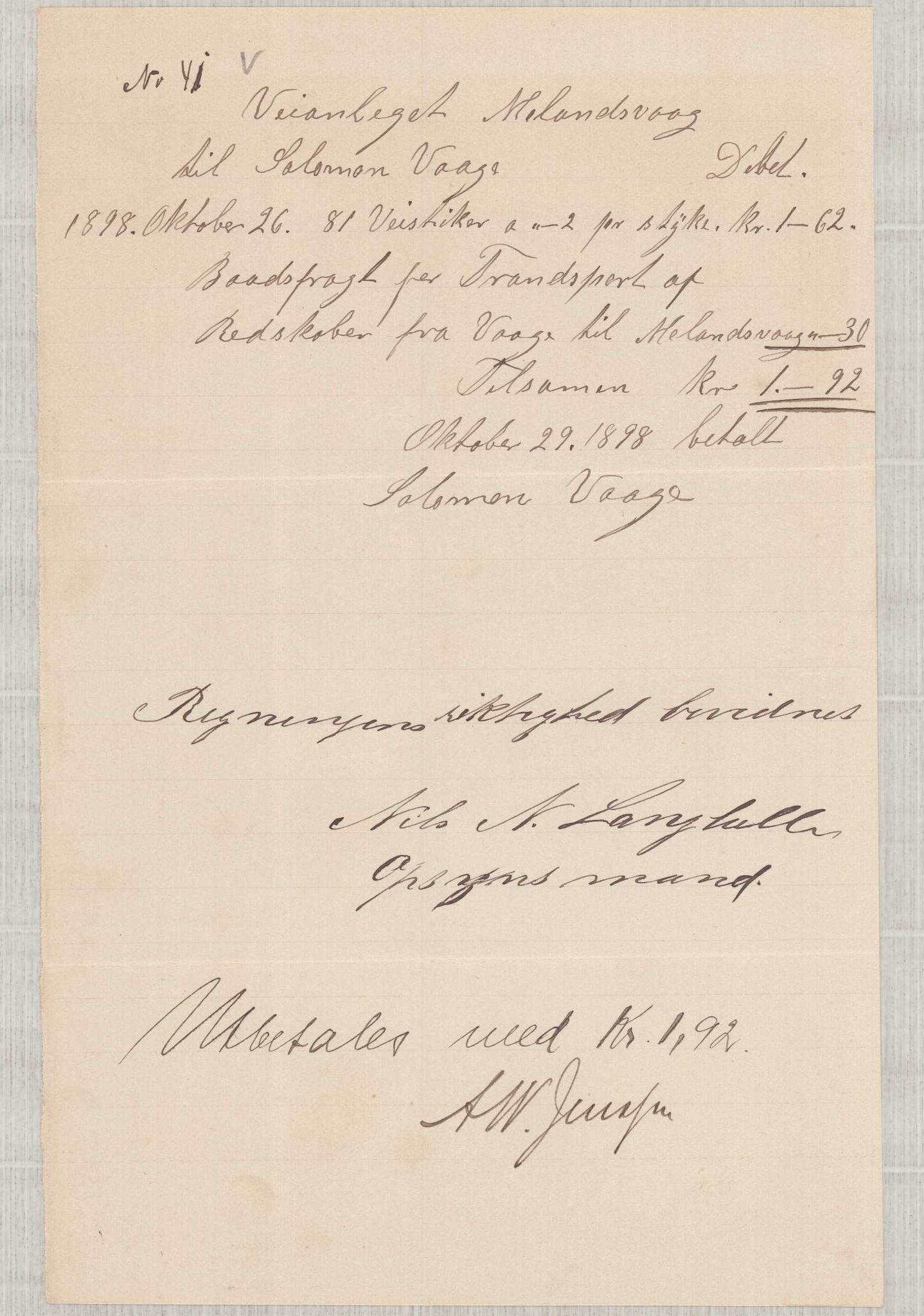 Finnaas kommune. Formannskapet, IKAH/1218a-021/E/Ea/L0002/0001: Rekneskap for veganlegg / Rekneskap for veganlegget Urangsvåg - Mælandsvåg, 1898-1900, s. 54