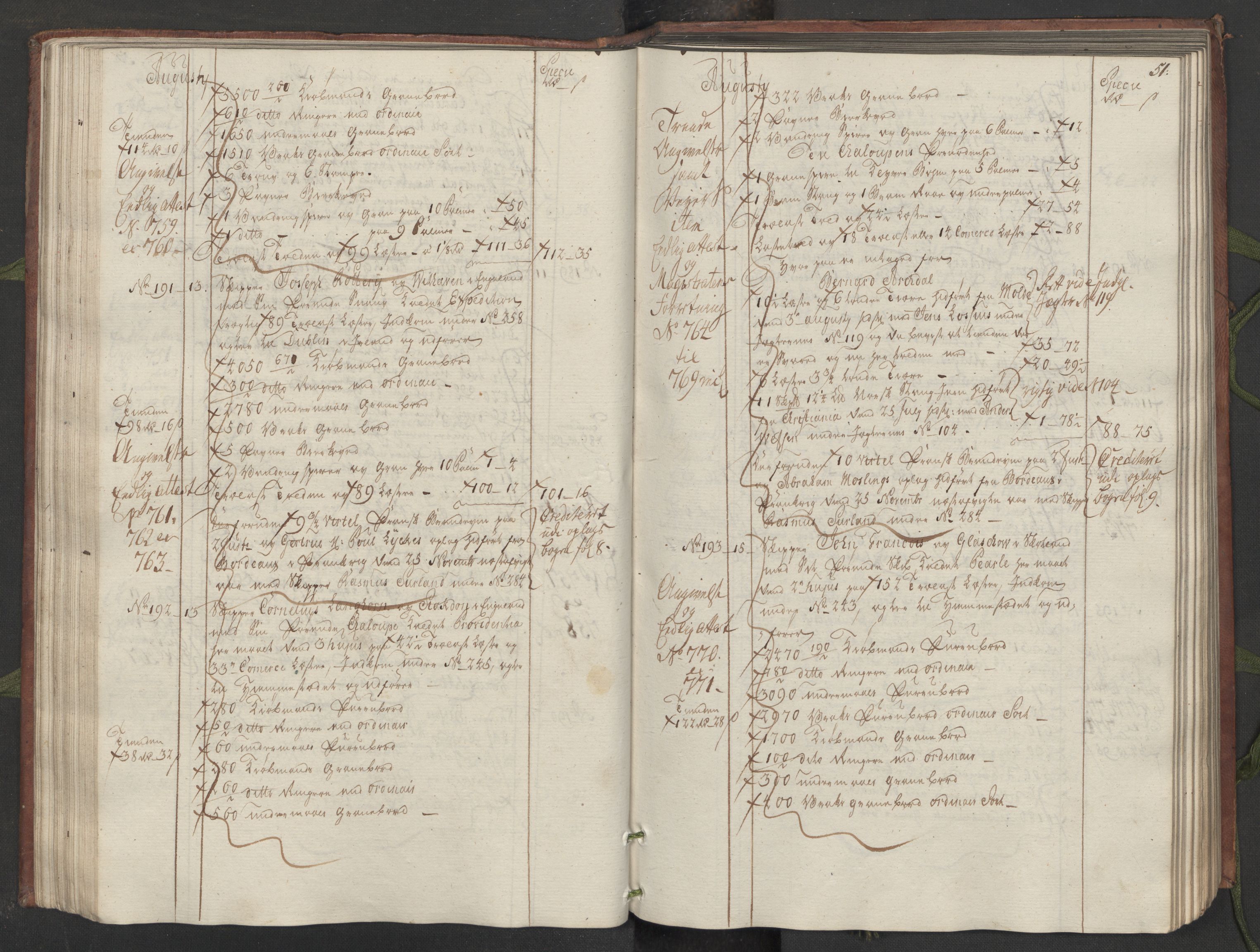 Generaltollkammeret, tollregnskaper, AV/RA-EA-5490/R33/L0083/0001: Tollregnskaper Trondheim A / Utgående hovedtollbok, 1764, s. 50b-51a