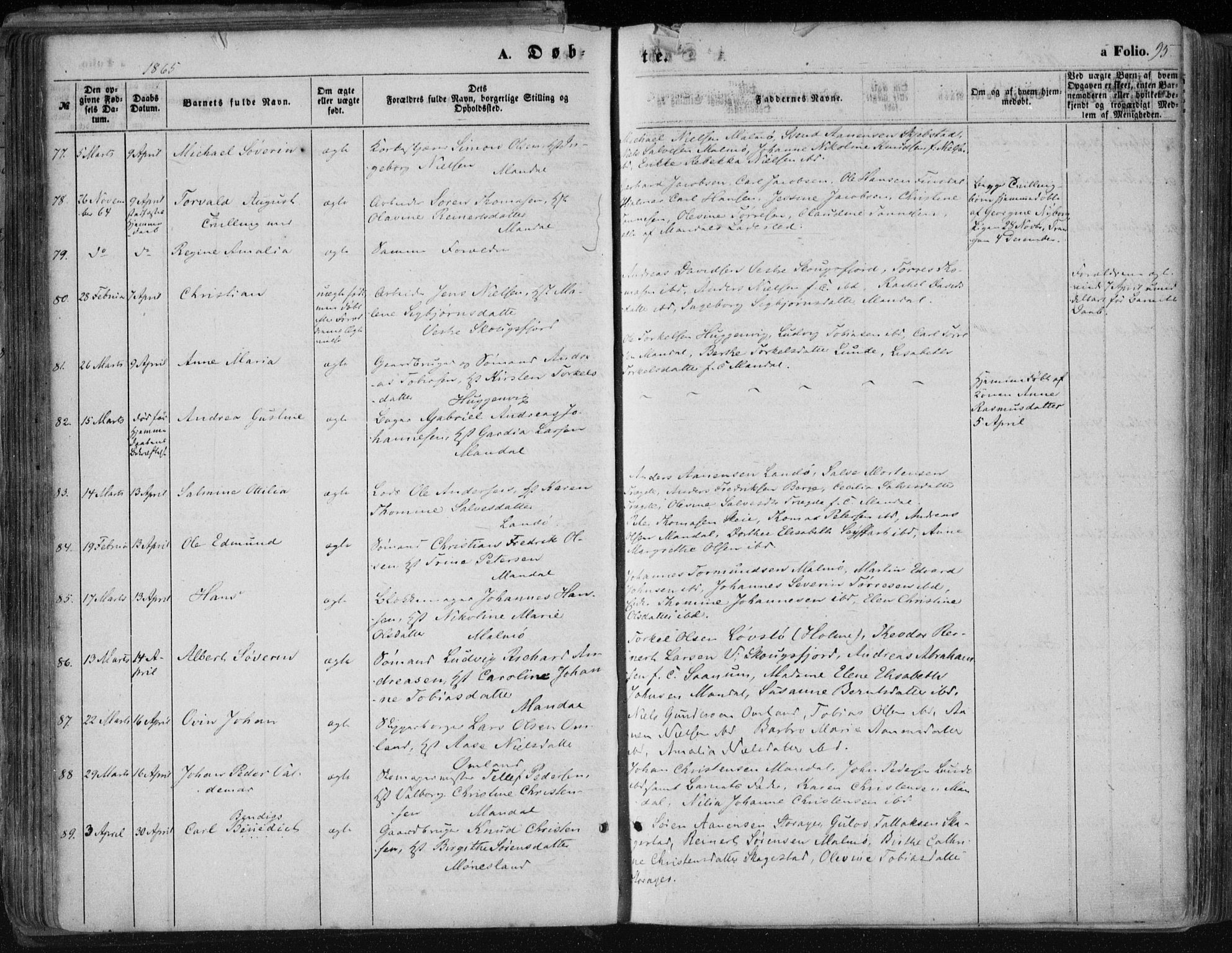 Mandal sokneprestkontor, SAK/1111-0030/F/Fa/Faa/L0014: Ministerialbok nr. A 14, 1859-1872, s. 95